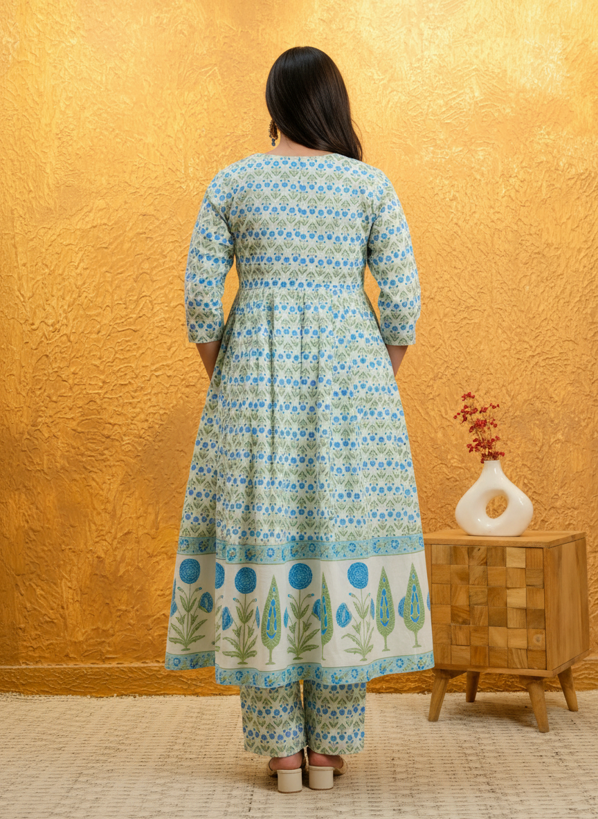 Soft Cotton Floral Flared White Kurta