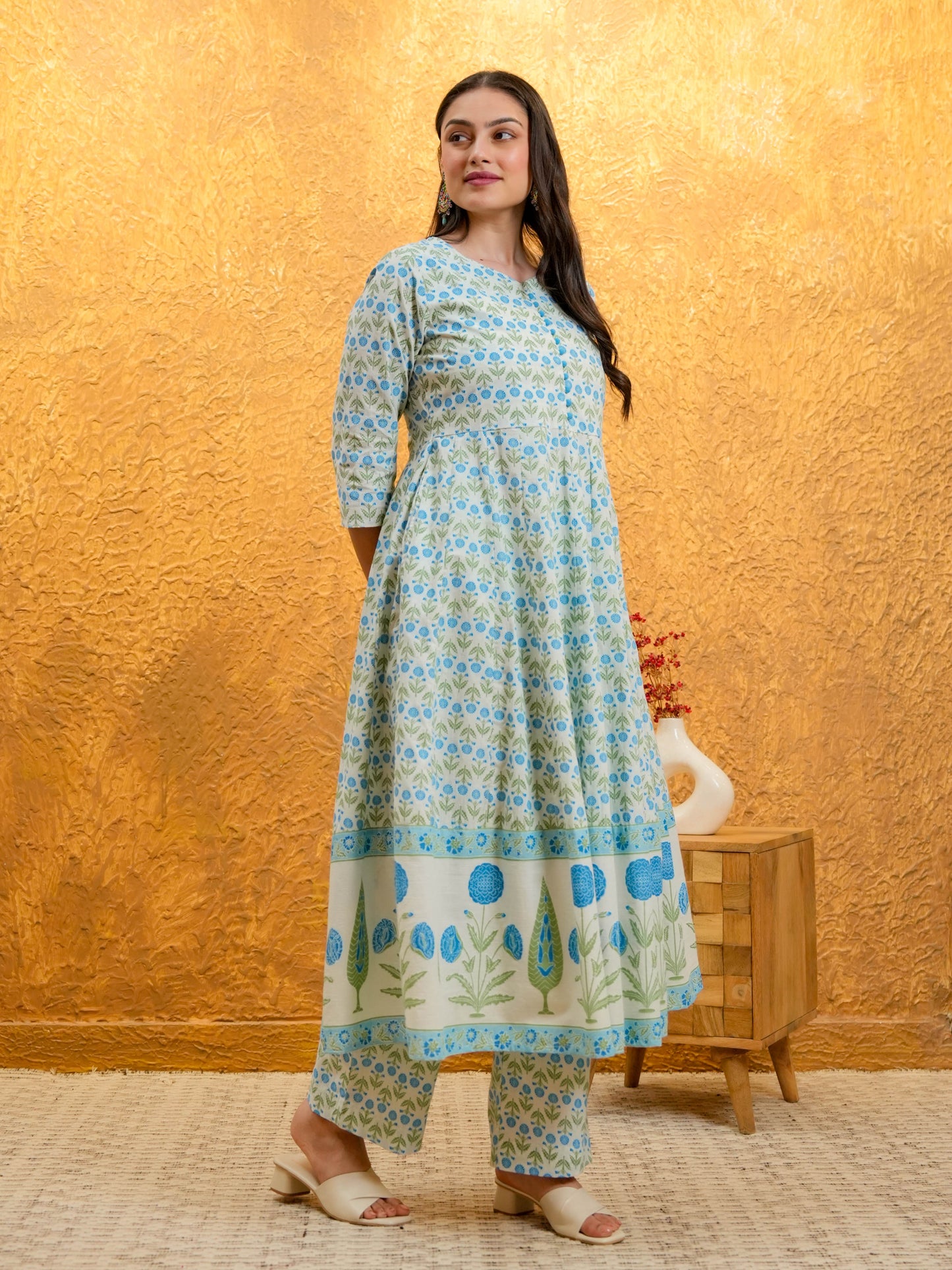 Soft Cotton Floral Flared White Kurta