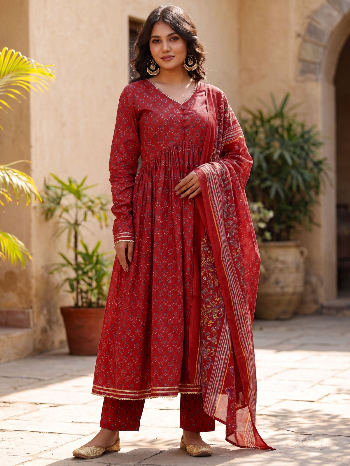 Cotton voile Floral Red Dupatta