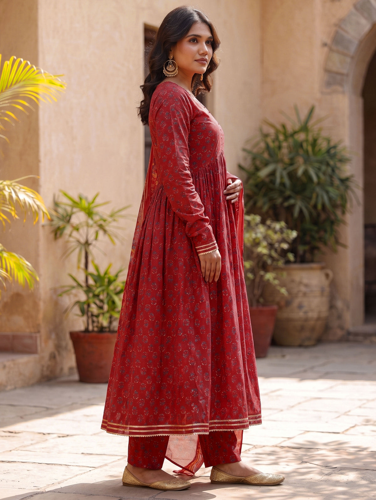 Cotton voile Floral Red Dupatta
