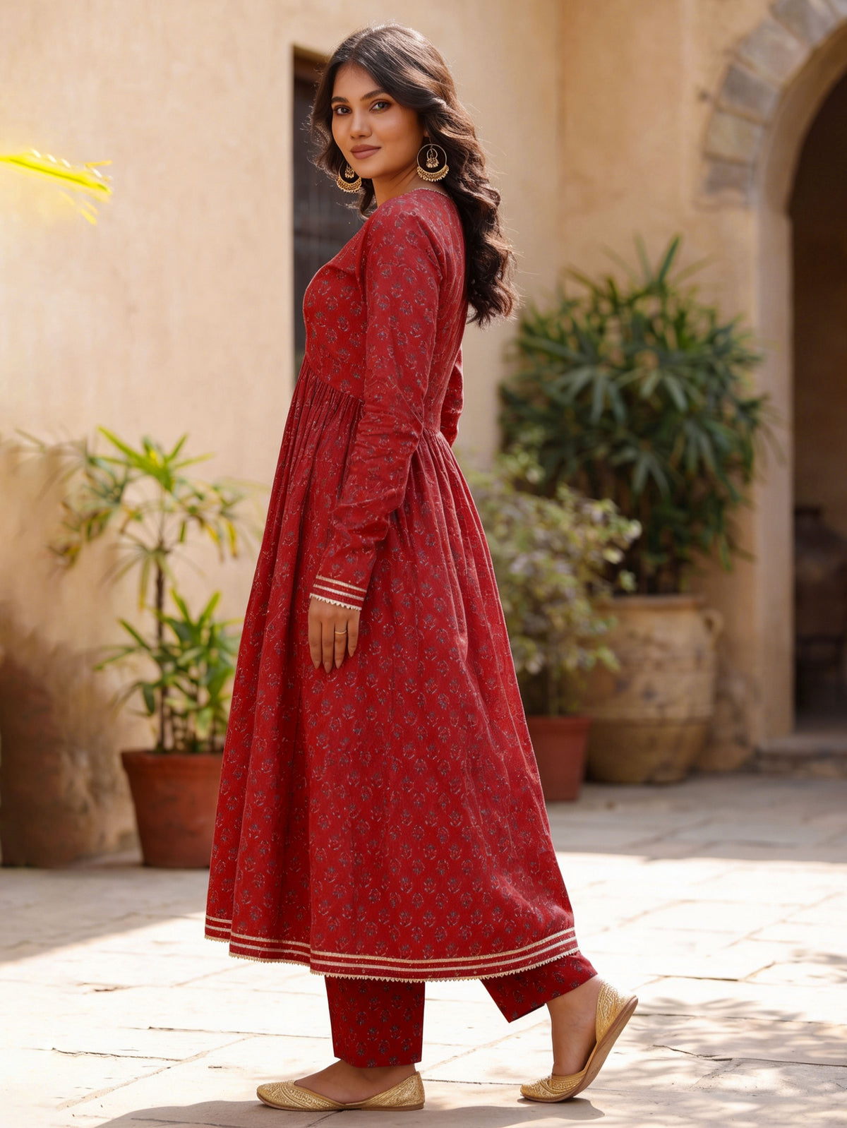 Soft cotton Butti Anarkali Red Kurta