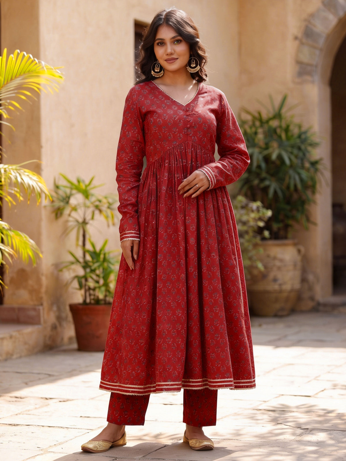 Soft cotton Butti Anarkali Red Kurta