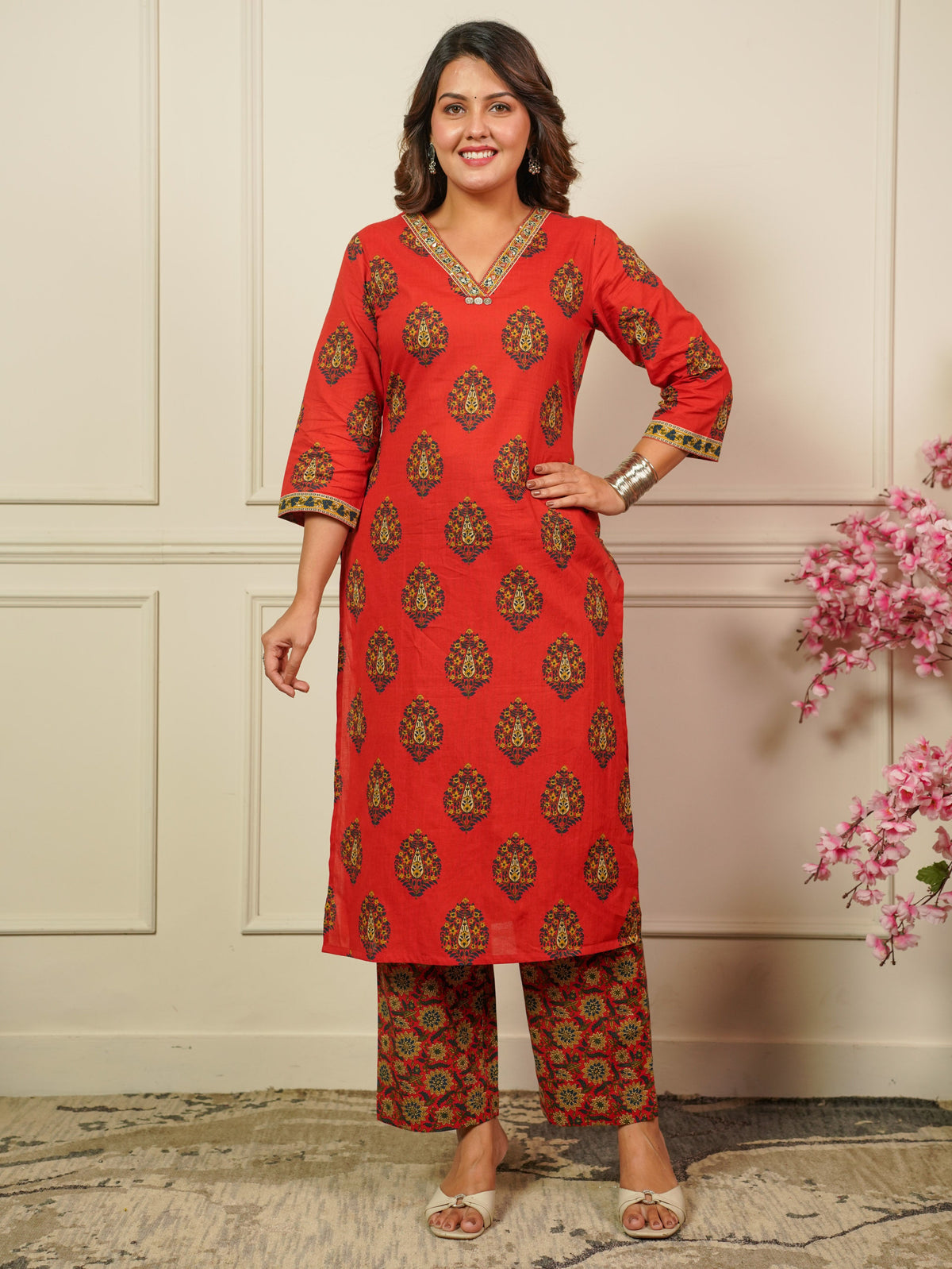 Embroidered Soft Cotton Floral Straight Rust Kurta