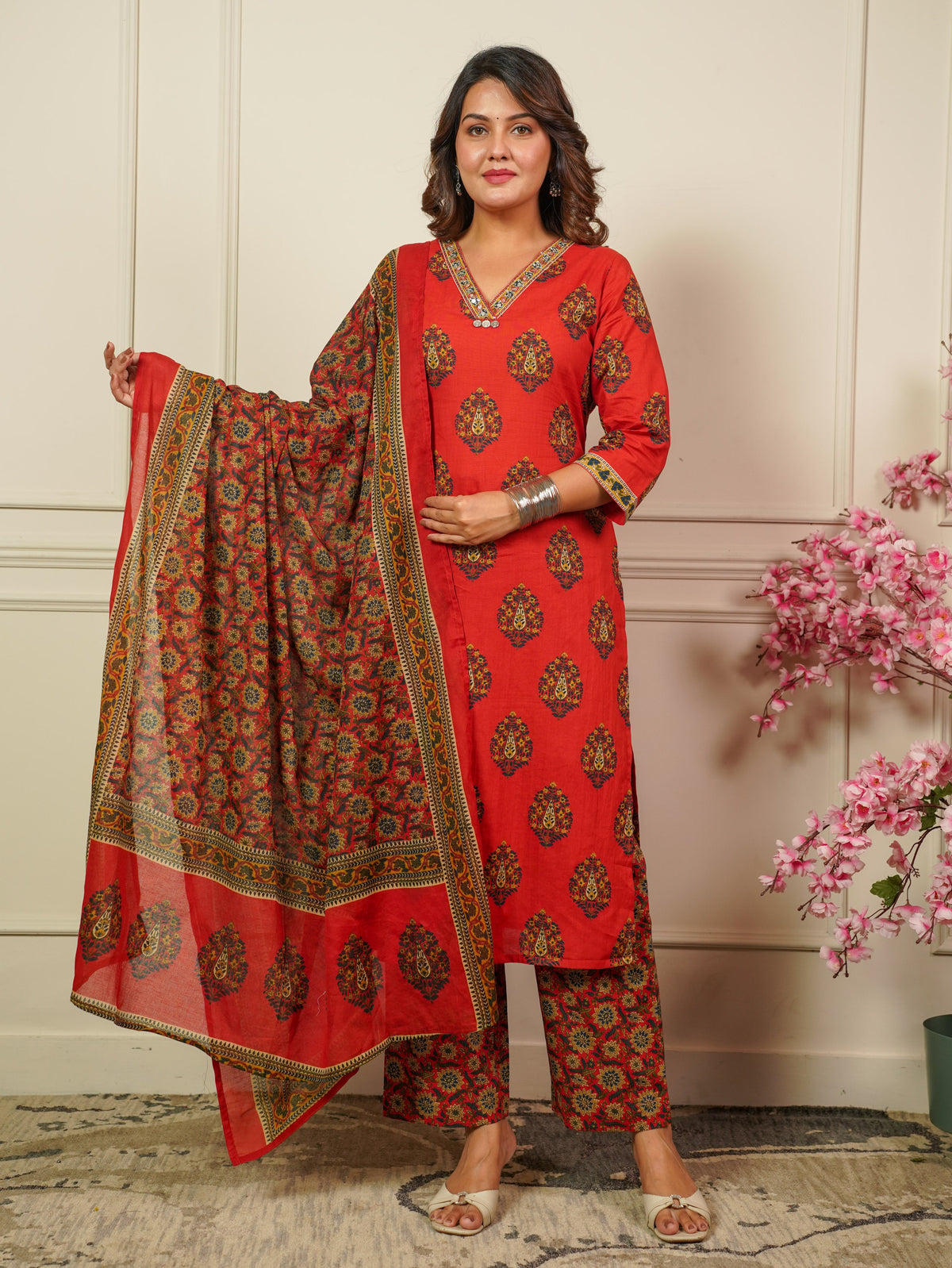 Embroidered Soft Cotton Floral Straight Rust Kurta