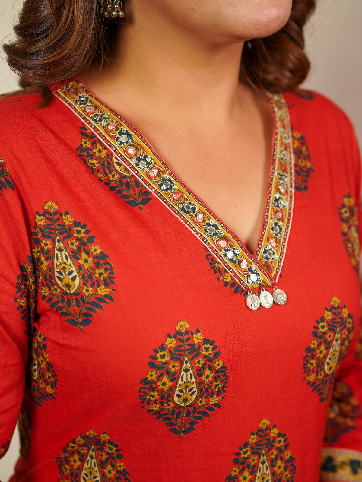 Embroidered Soft Cotton Floral Straight Rust Kurta