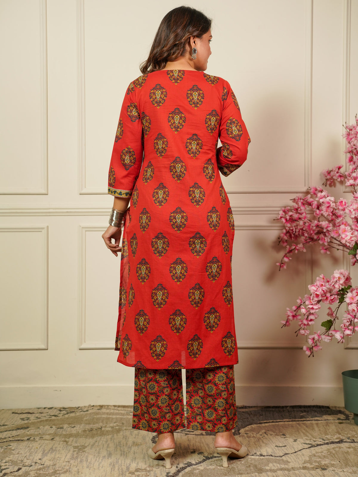 Embroidered Soft Cotton Floral Straight Rust Kurta