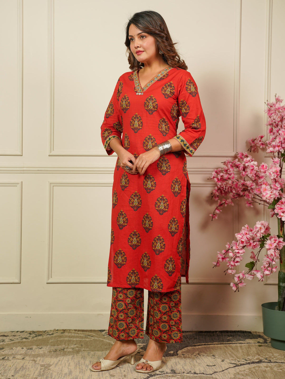 Embroidered Soft Cotton Floral Straight Rust Kurta