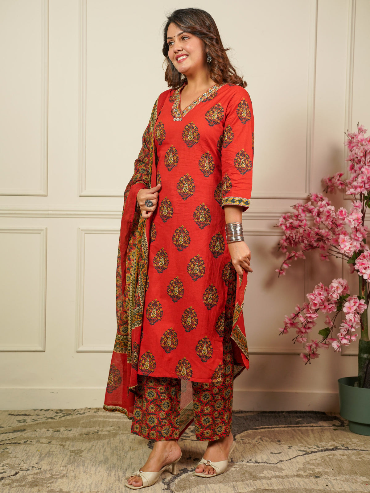 Embroidered Soft Cotton Floral Straight Rust Kurta