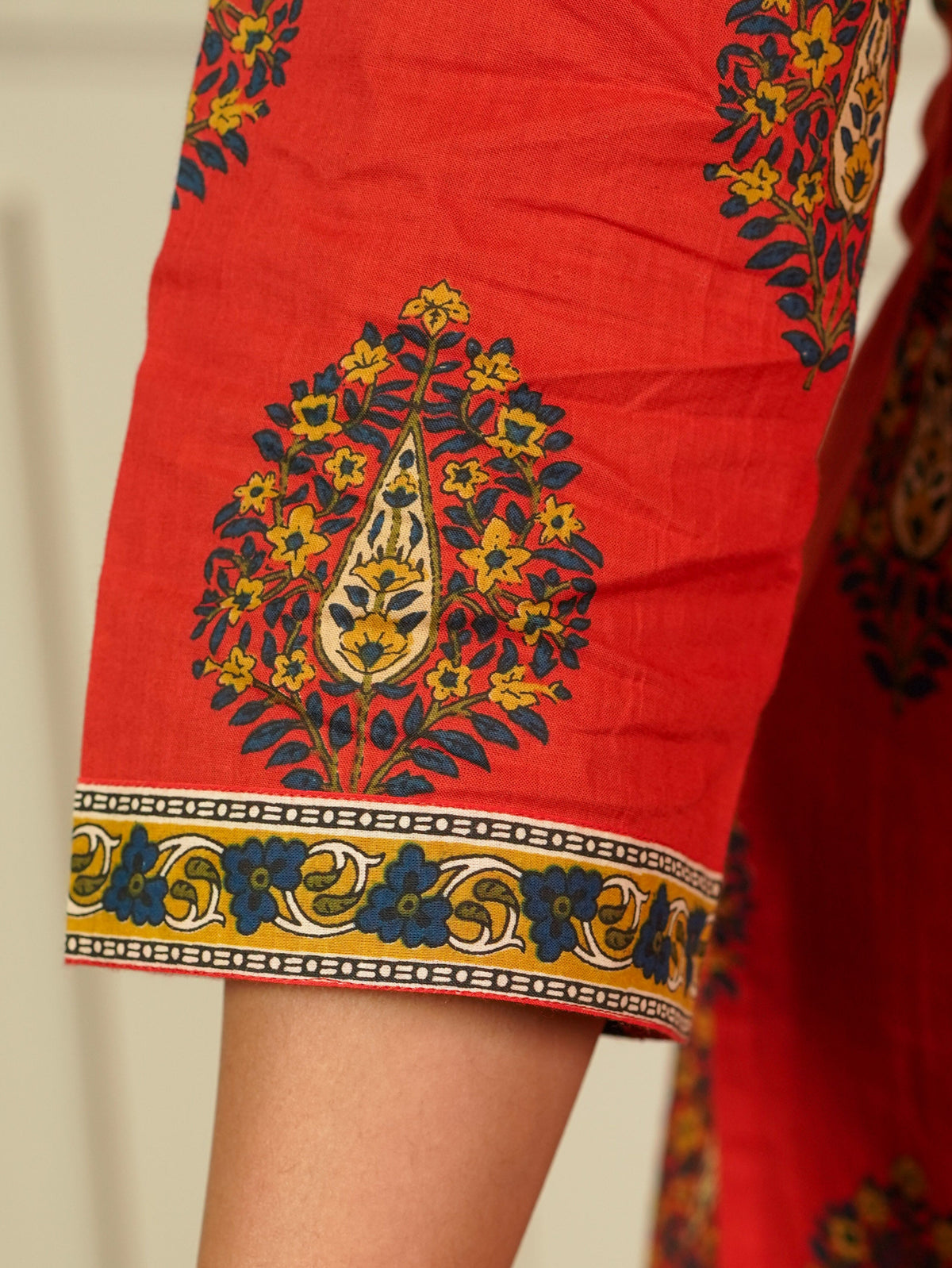 Embroidered Soft Cotton Floral Straight Rust Kurta