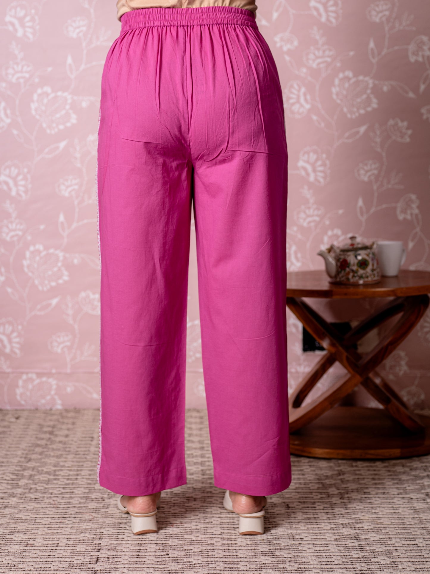 Embroidered Soft cotton Solid Dark Pink Straight Trousers