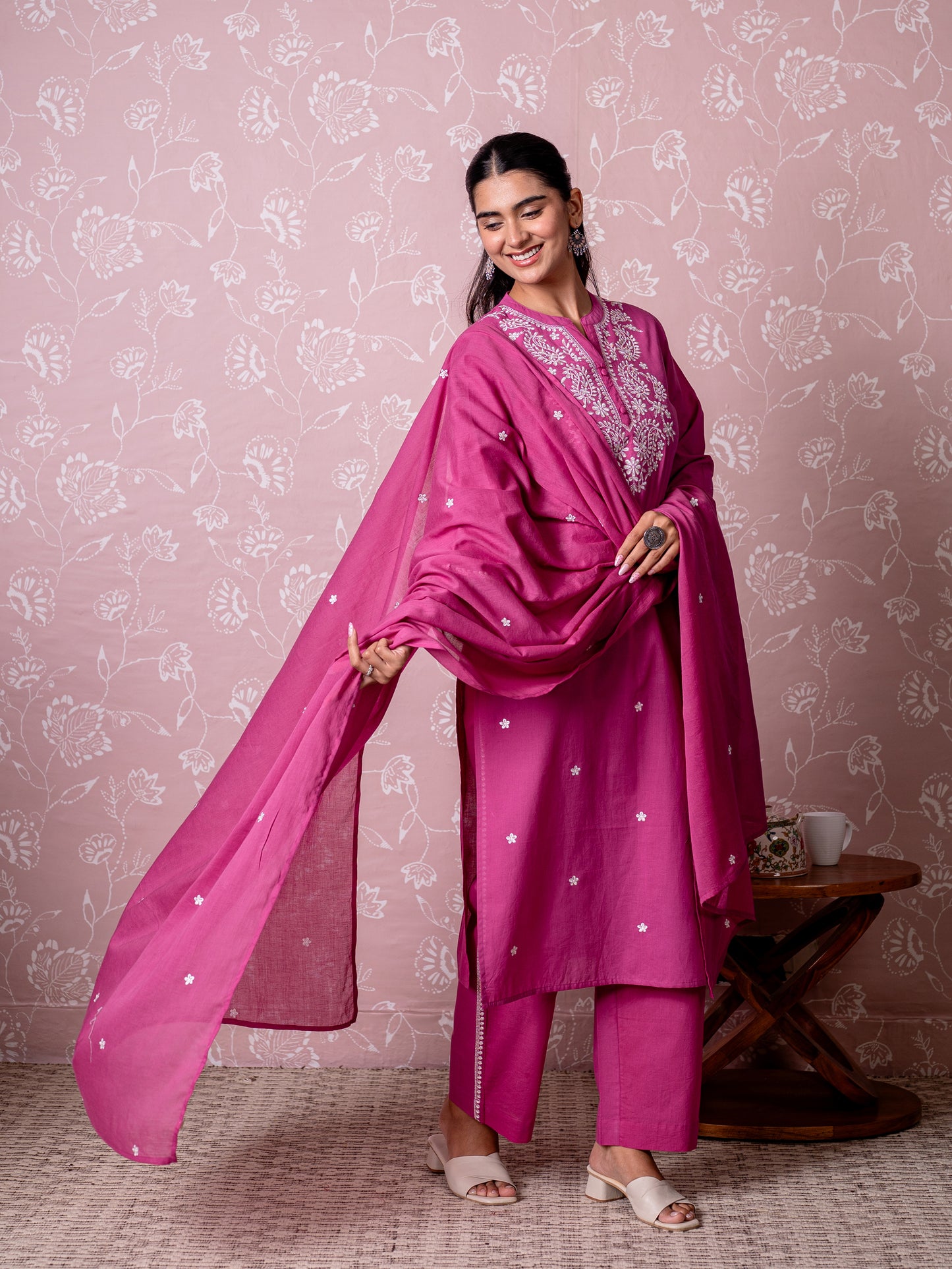 Embroidered Cotton voile Solid Dark Pink Dupatta