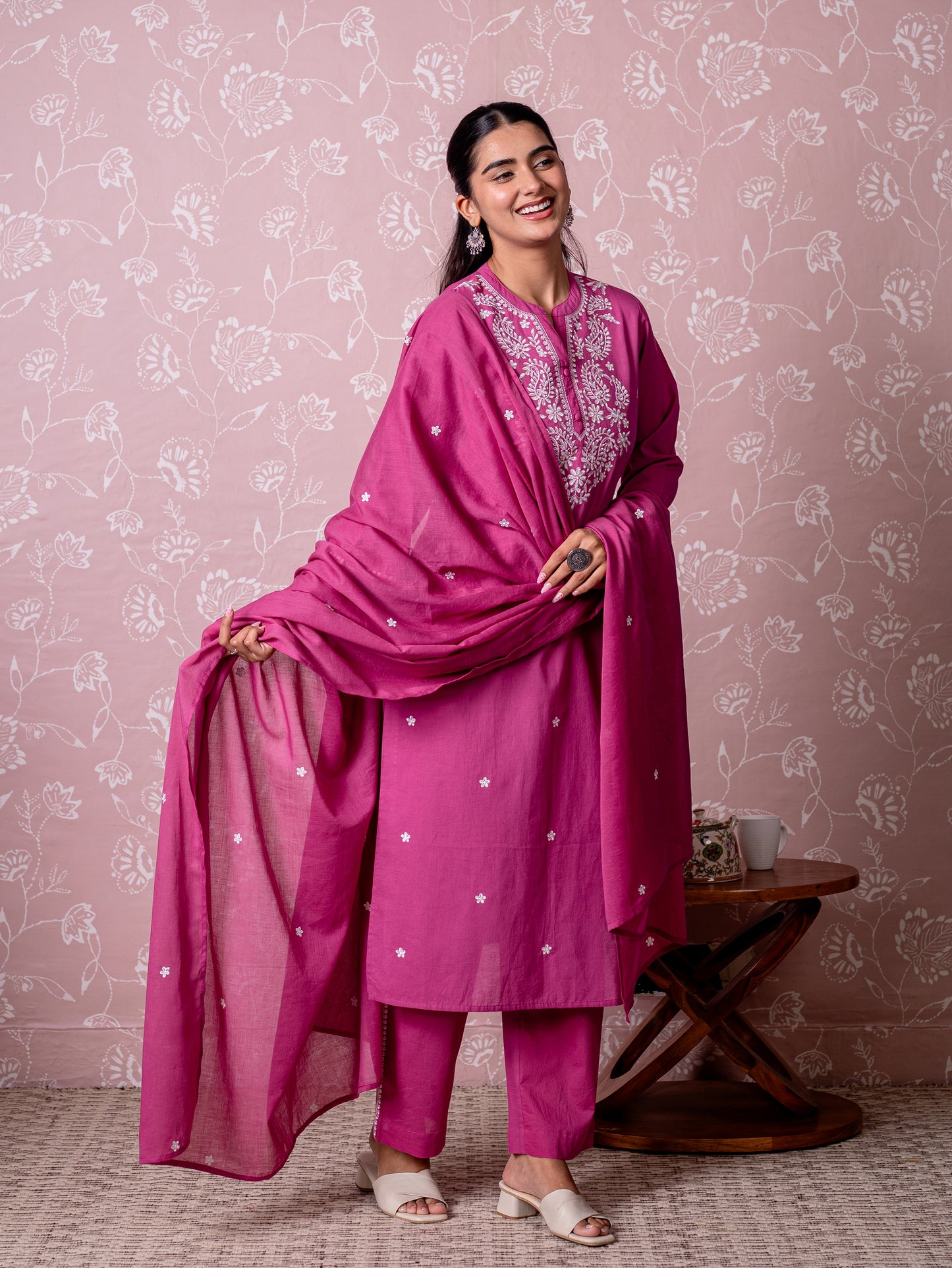 Embroidered Cotton voile Solid Dark Pink Dupatta