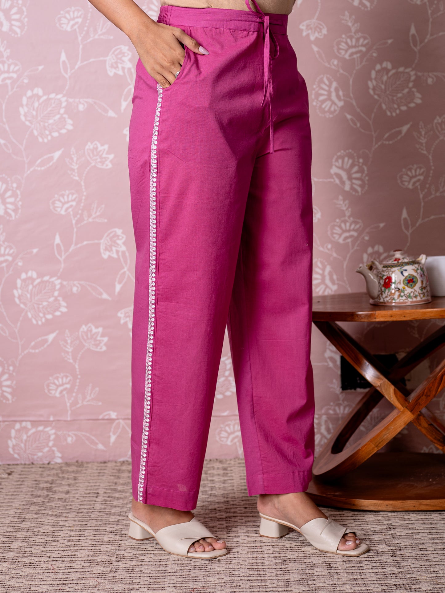 Embroidered Soft cotton Solid Straight Dark Pink Kurta