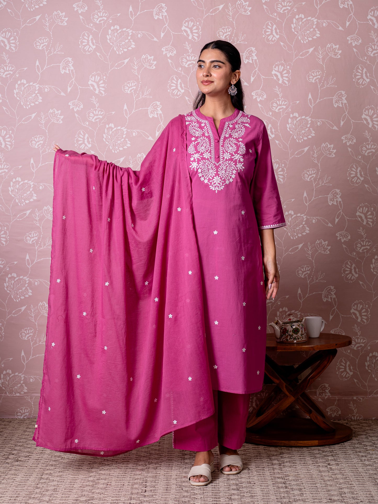 Embroidered Soft cotton Solid Straight Dark Pink Kurta