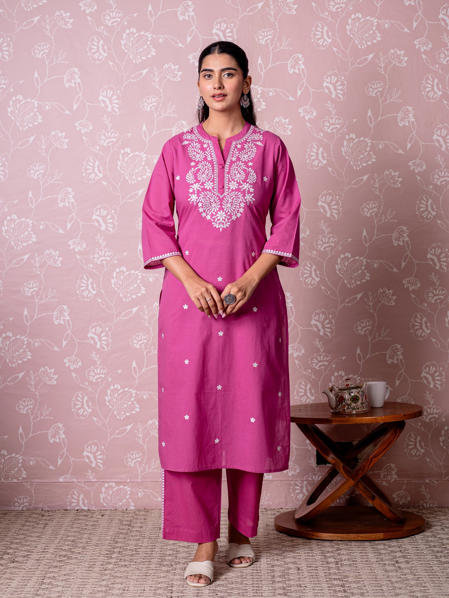 Embroidered Soft cotton Solid Straight Dark Pink Kurta