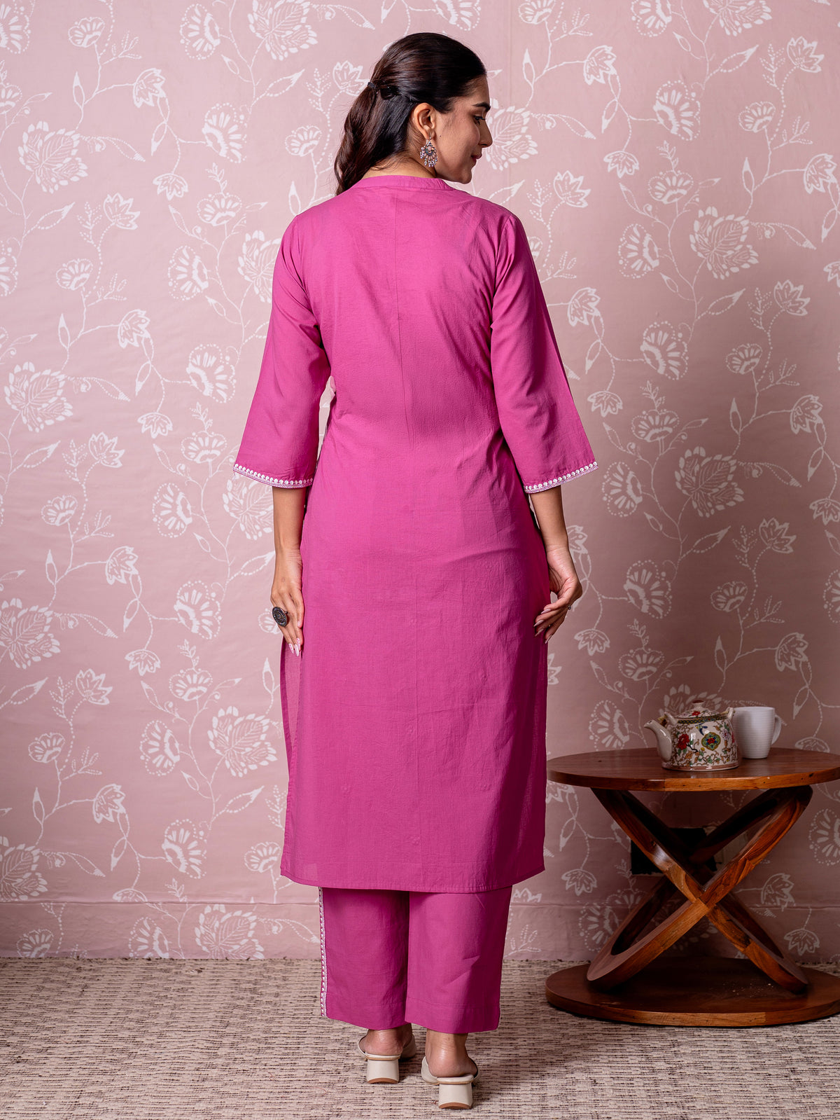 Embroidered Soft Cotton Solid Straight Dark Pink Kurta