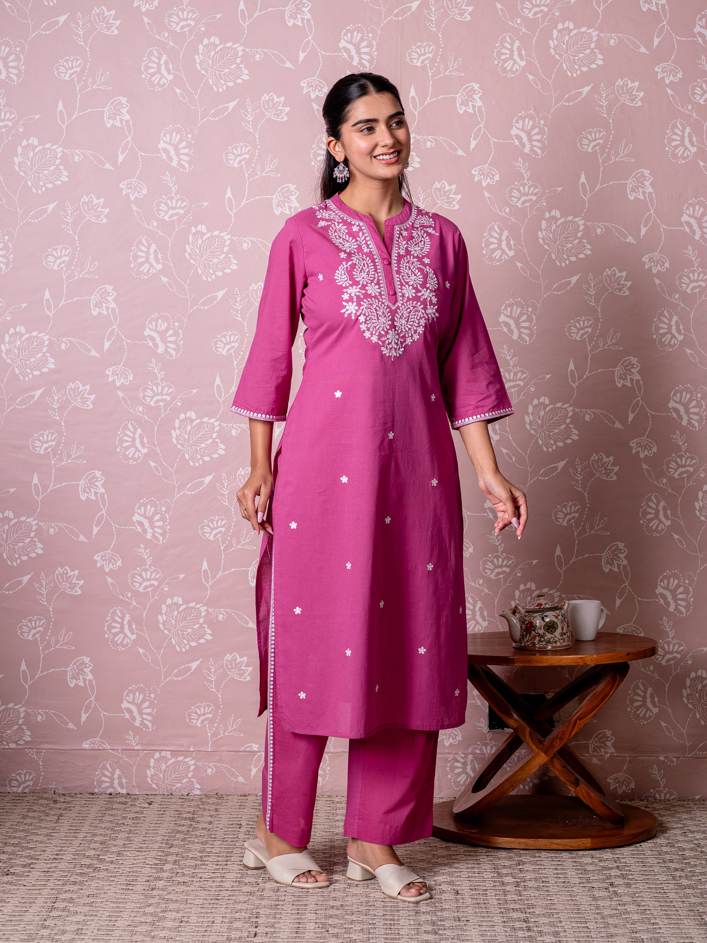 Embroidered Soft cotton Solid Straight Dark Pink Kurta