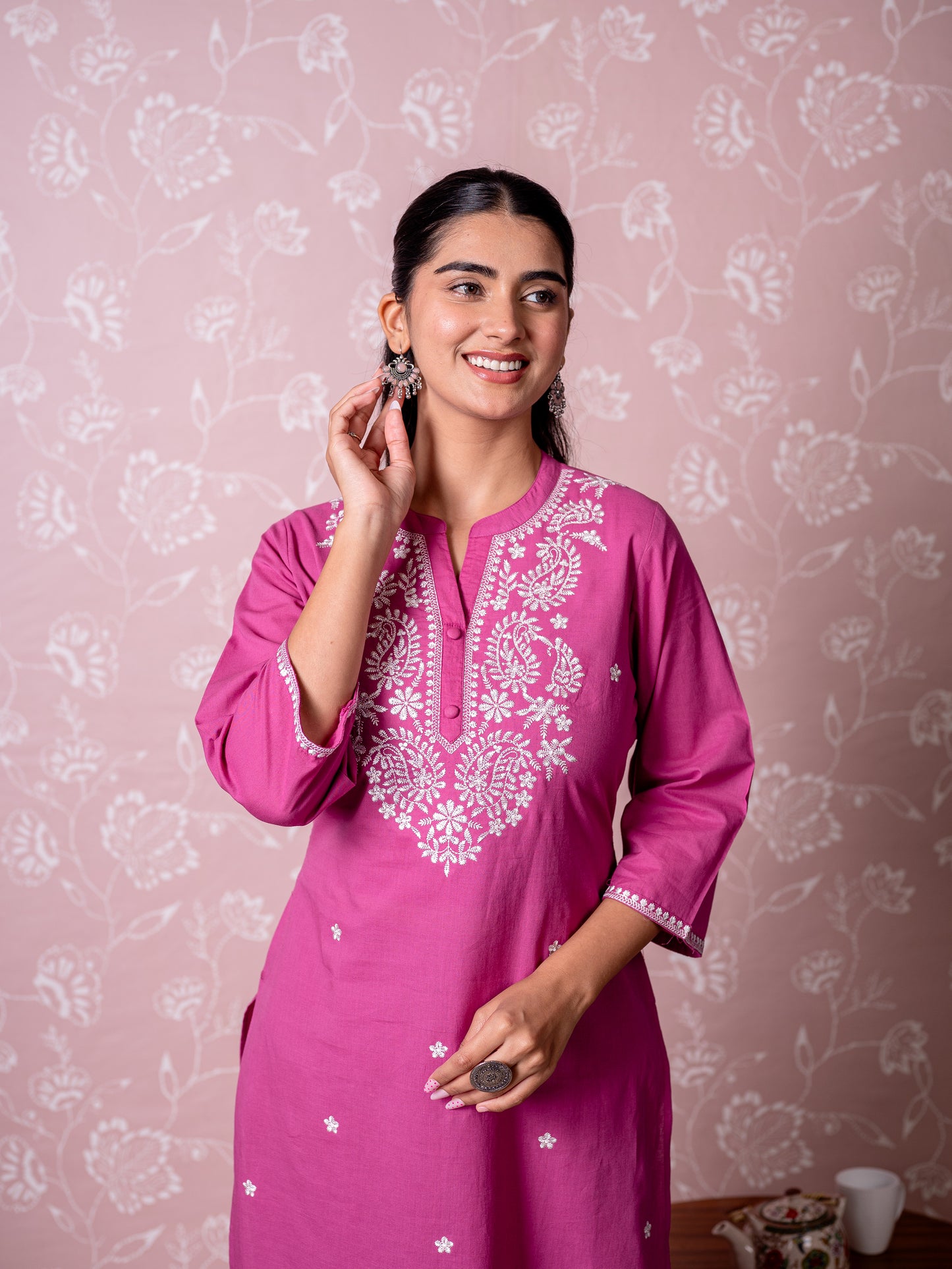Embroidered Soft cotton Solid Straight Dark Pink Kurta