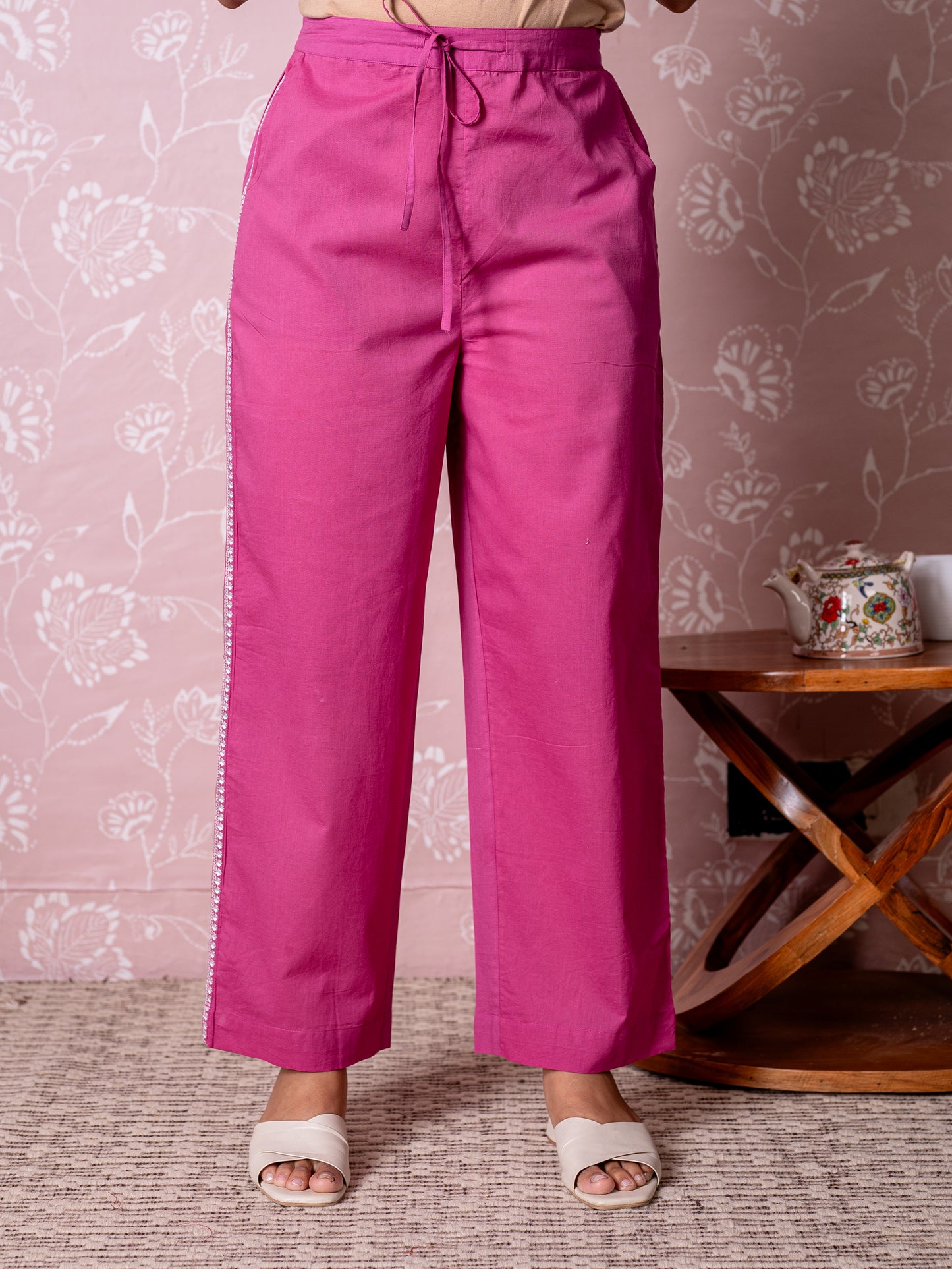 Embroidered Soft cotton Solid Dark Pink Straight Trousers