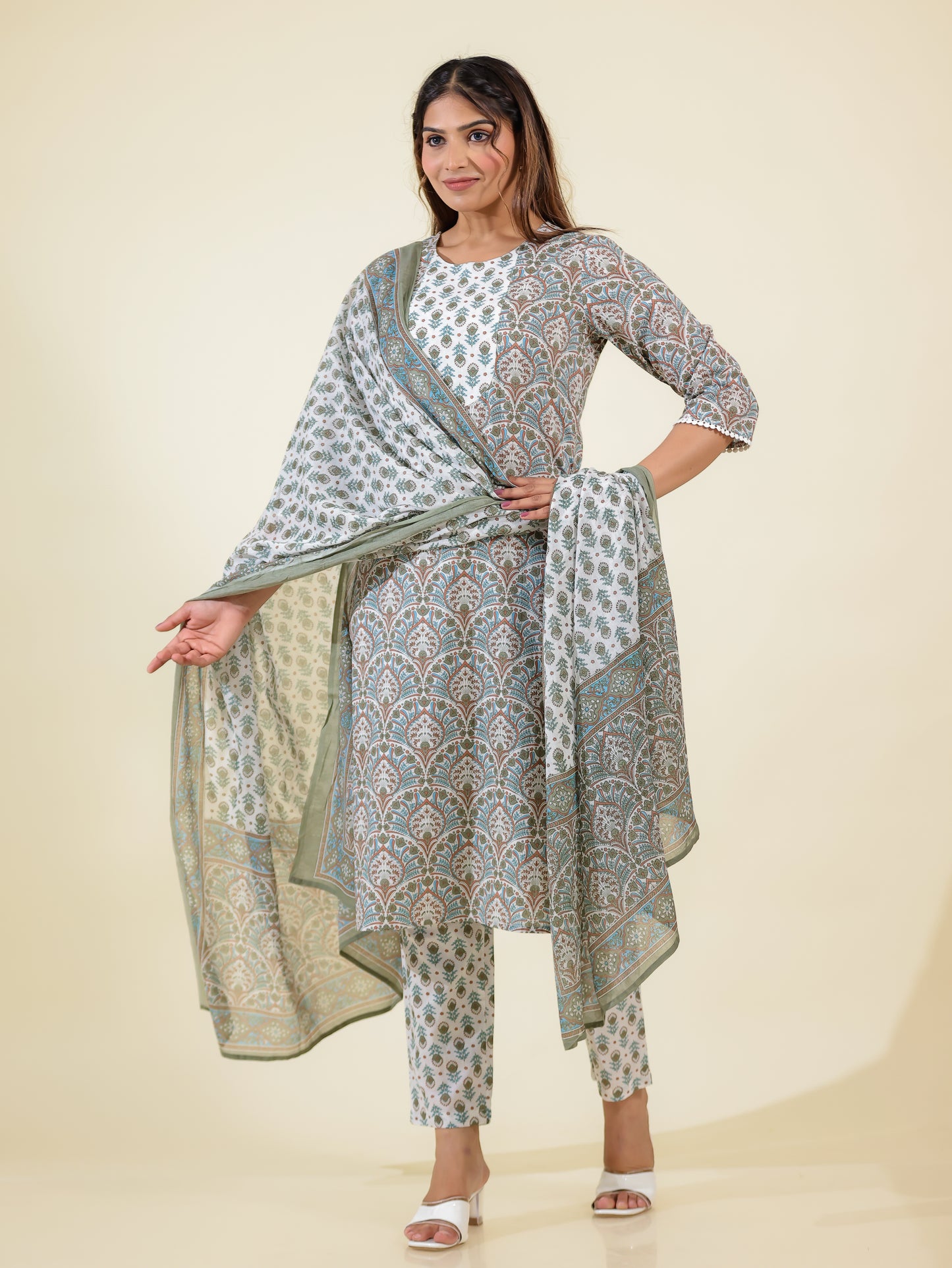 Soft Cotton Floral Straight White Kurta