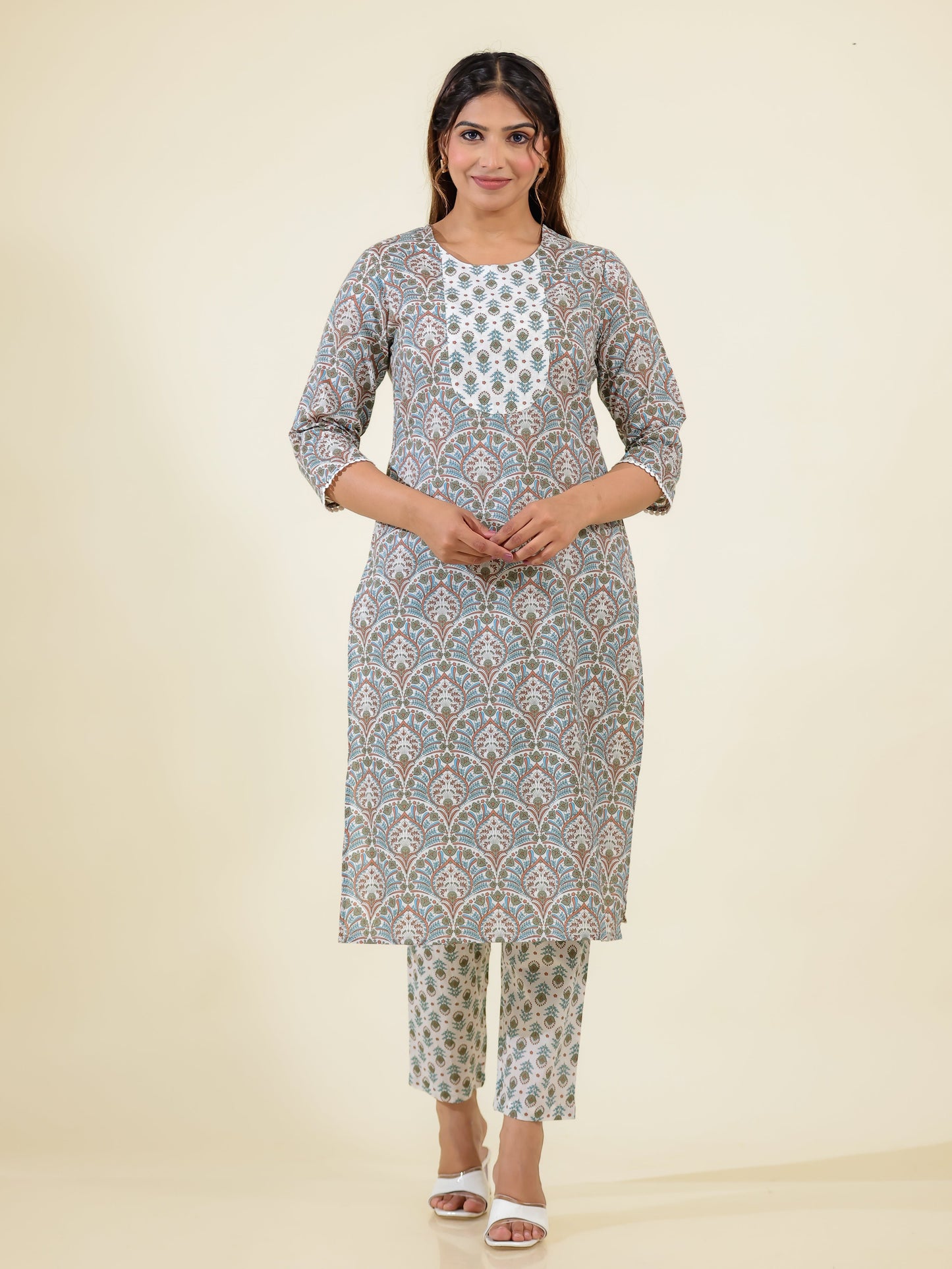 Soft Cotton Floral Straight White Kurta