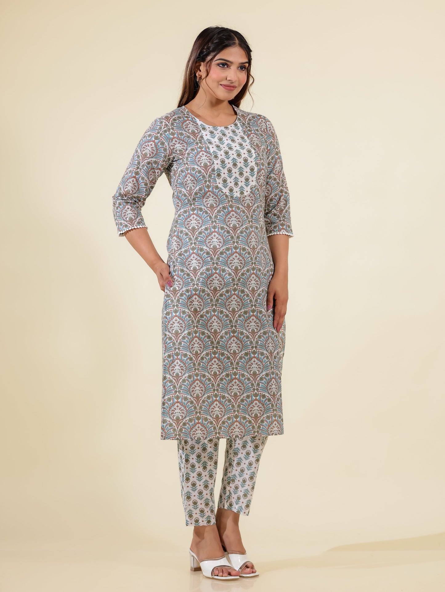 Soft Cotton Floral Straight White Kurta