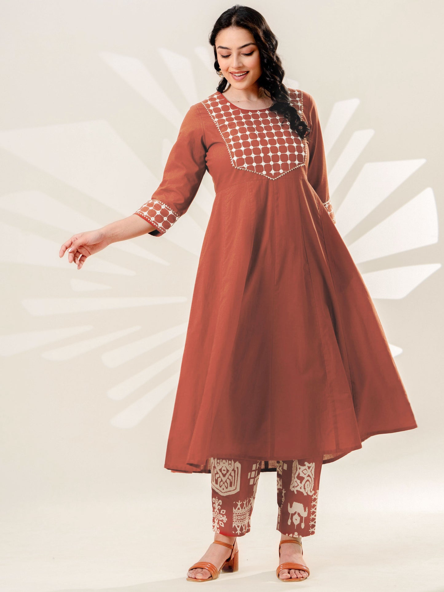 Embroidered Soft cotton Solid Flared Rust Kurta