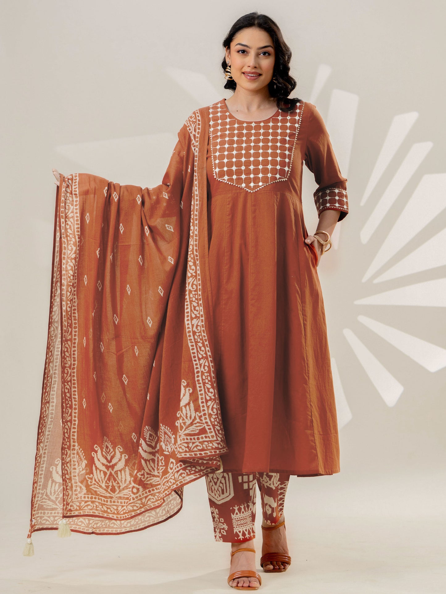 Embroidered Soft cotton Solid Flared Rust Kurta