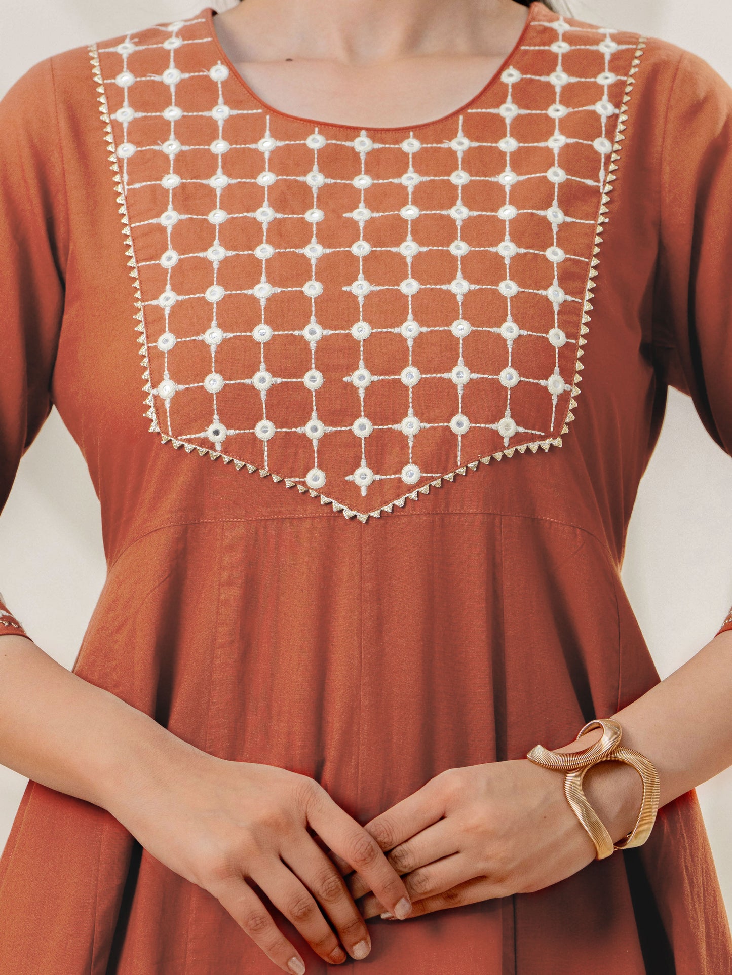 Embroidered Soft cotton Solid Flared Rust Kurta