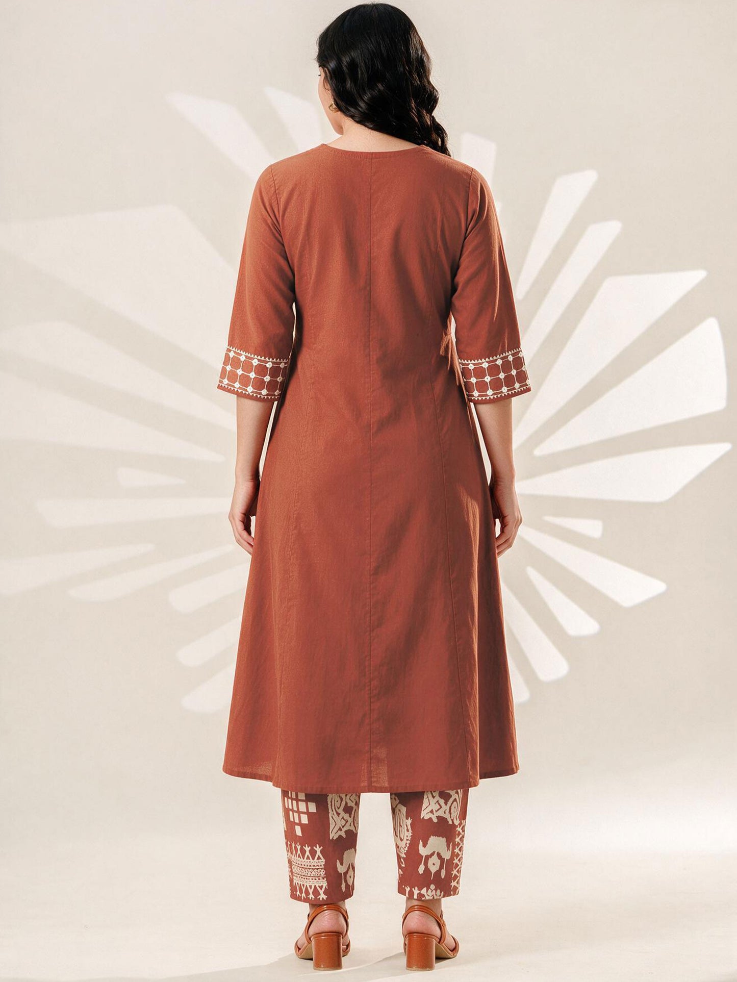 Embroidered Soft cotton Solid Flared Rust Kurta