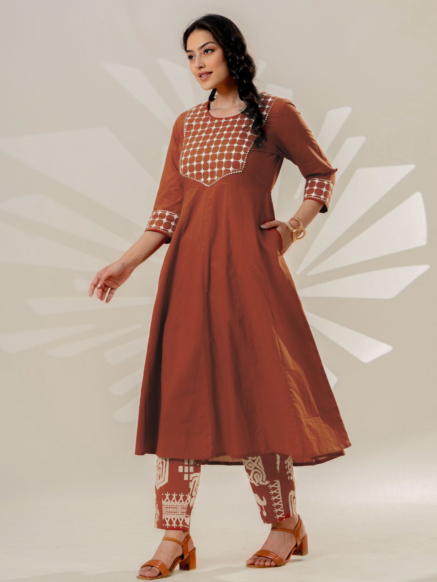 Embroidered Soft cotton Solid Flared Rust Kurta