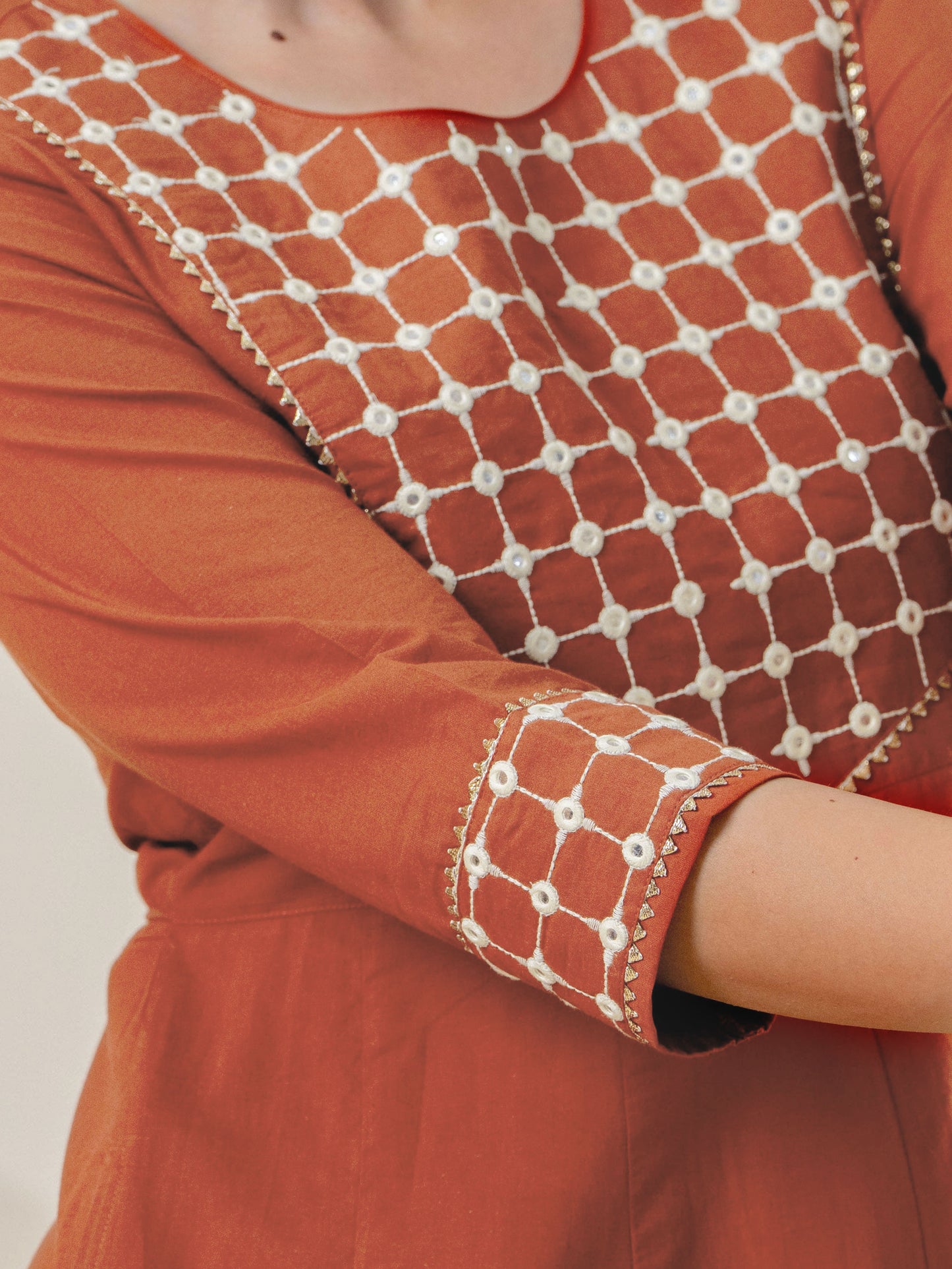 Embroidered Soft cotton Solid Flared Rust Kurta