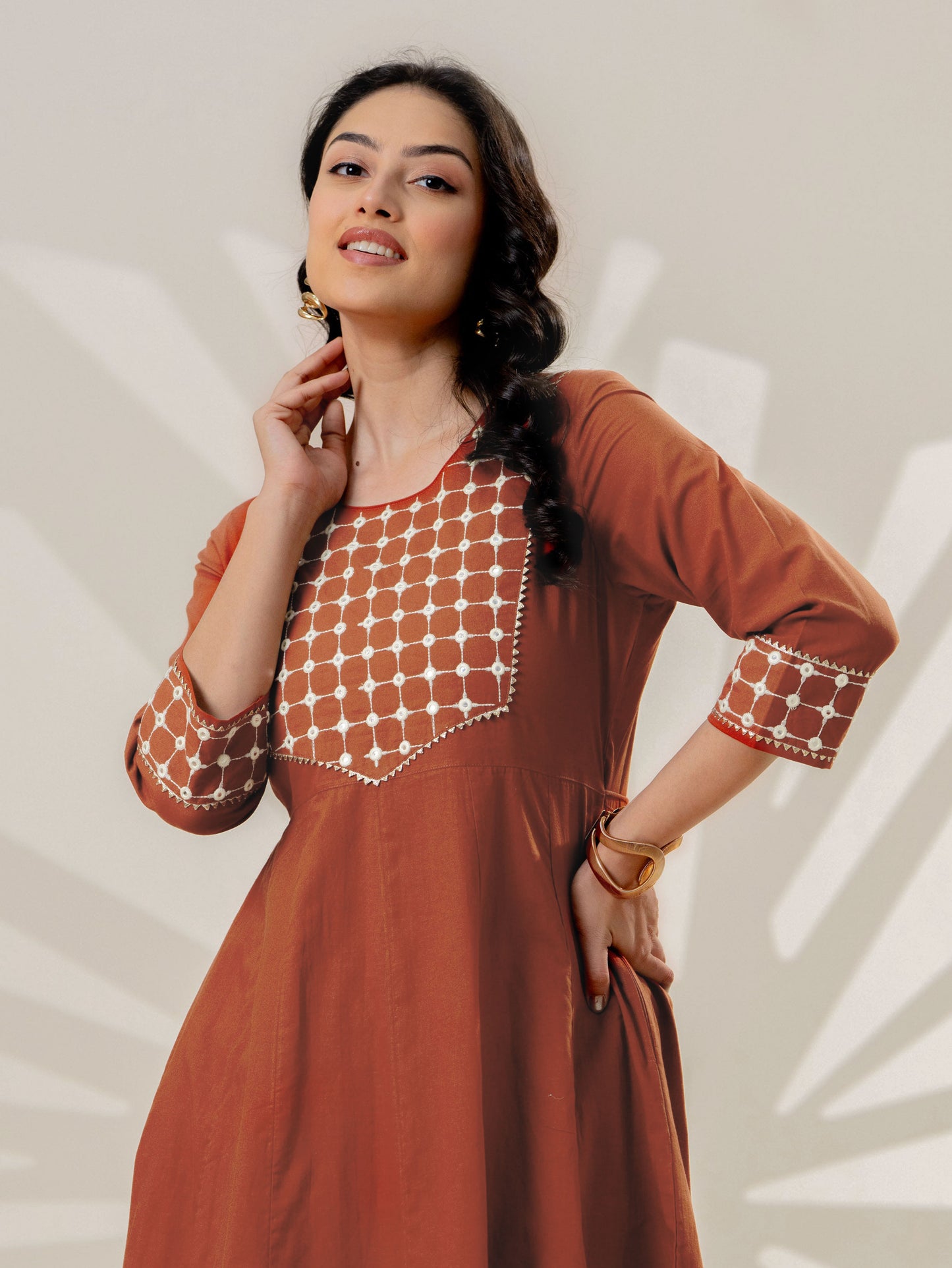 Embroidered Soft cotton Solid Flared Rust Kurta
