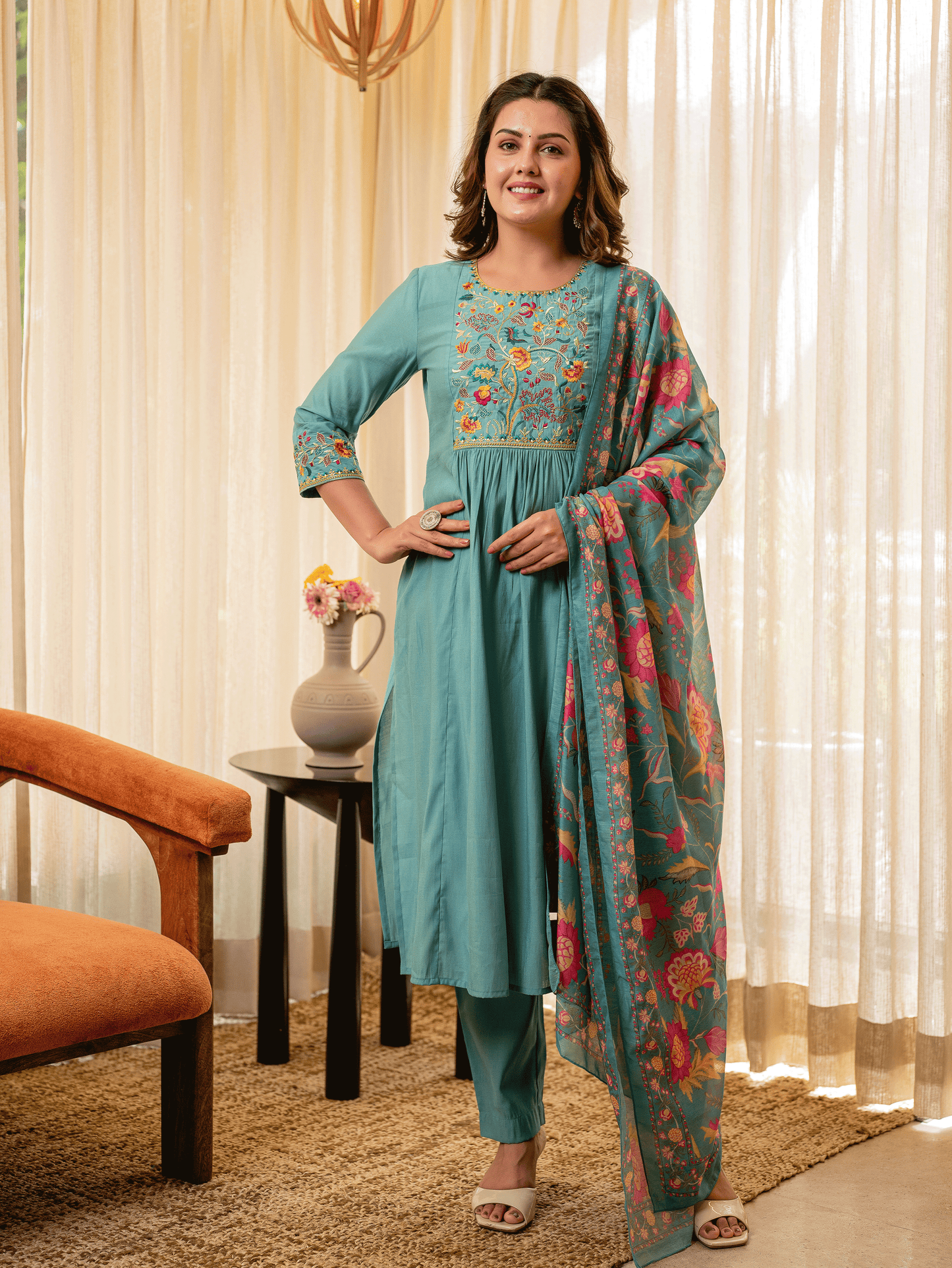 Blended silk Floral Turquoise Blue Dupatta