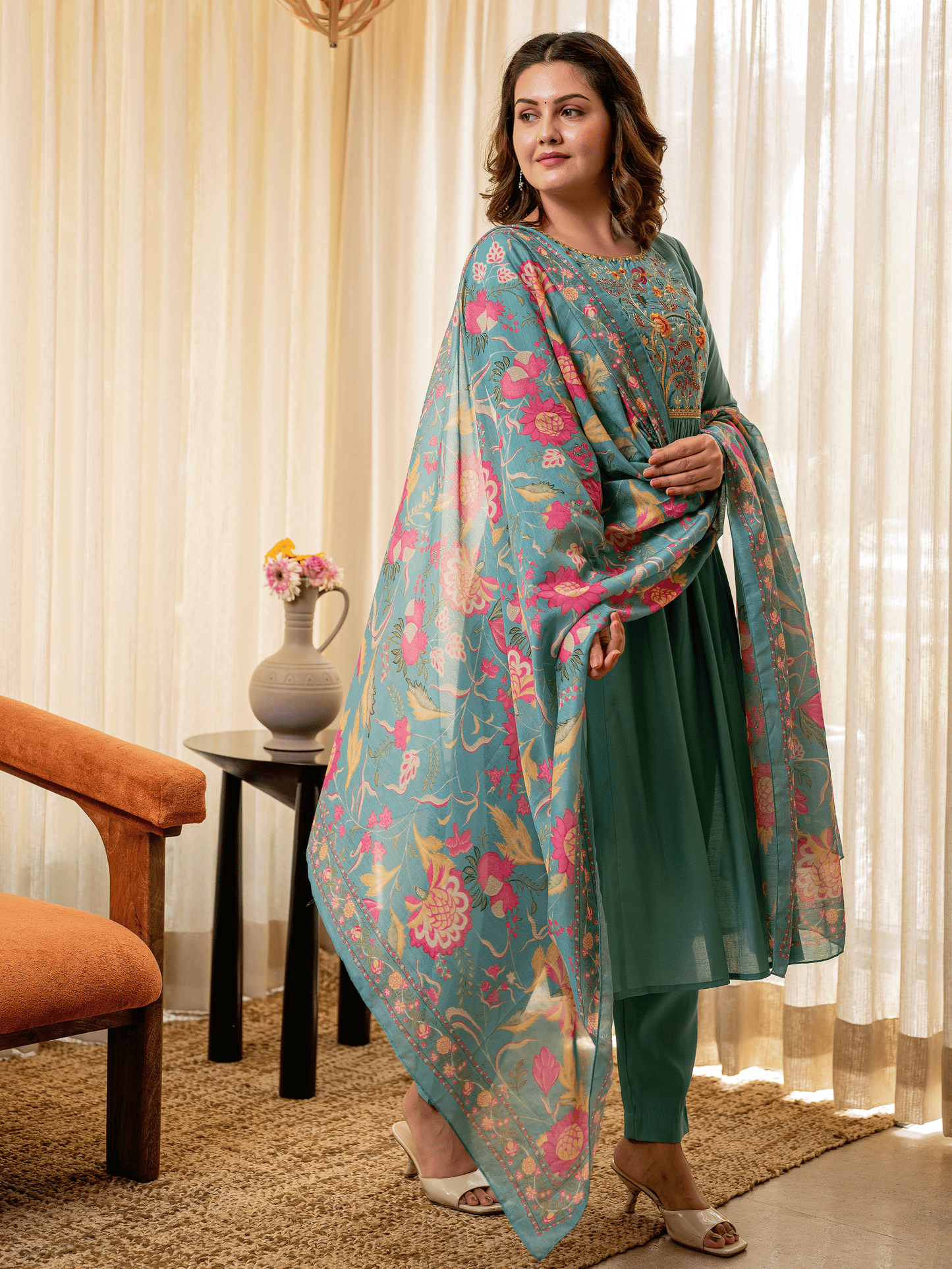 Blended silk Floral Turquoise Blue Dupatta