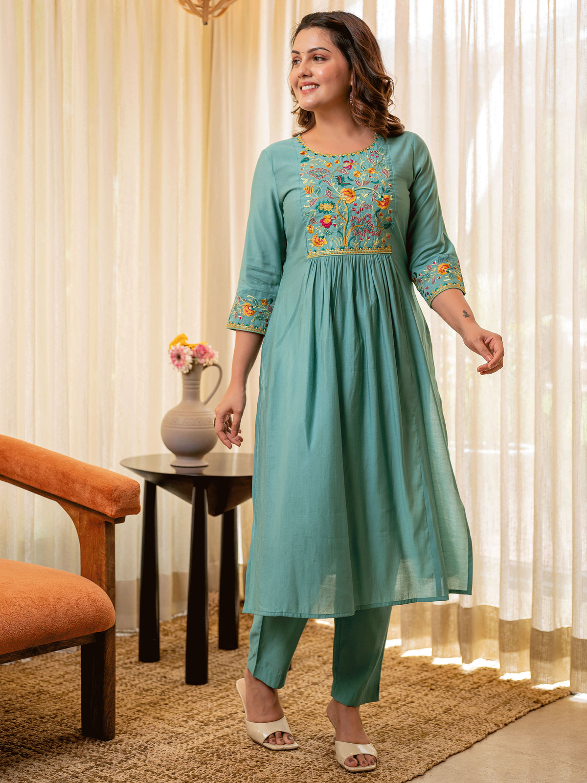 Embroidered Chanderi Solid Straight Turquoise Blue Kurta