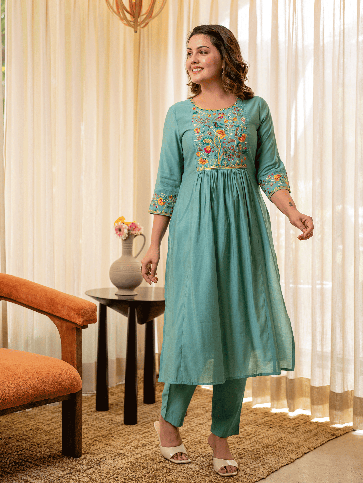 Embroidered Chanderi Solid Straight Turquoise Blue Kurta
