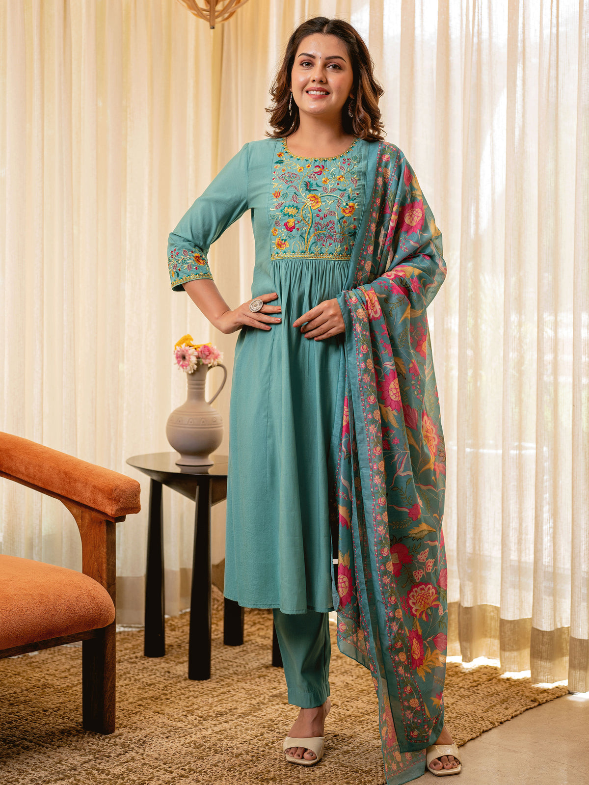Embroidered Chanderi Solid Straight Turquoise Blue Kurta