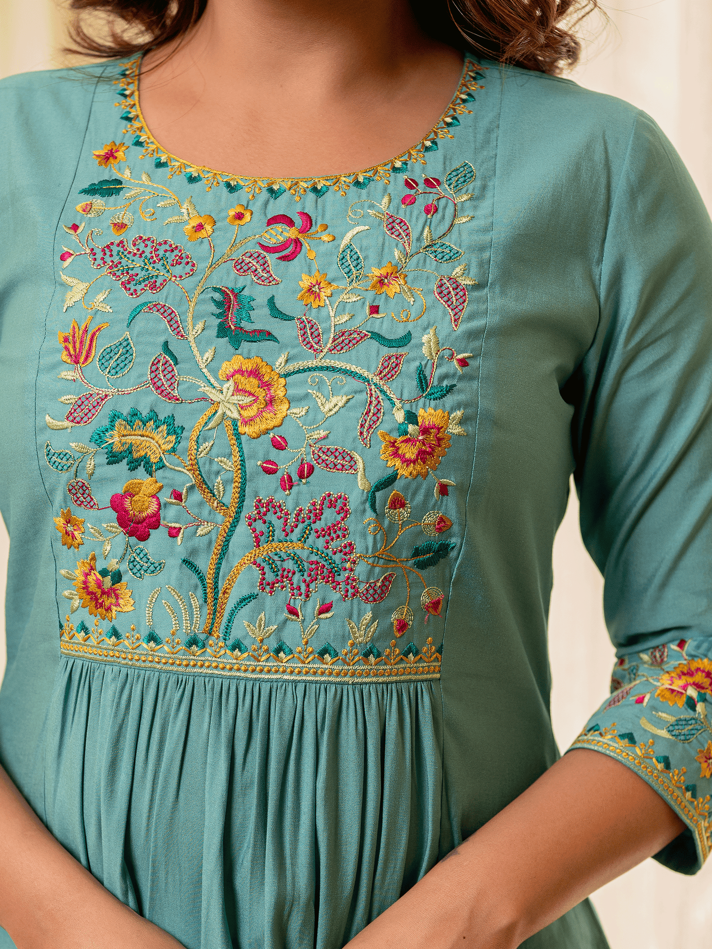 Embroidered Chanderi Solid Straight Turquoise Blue Kurta