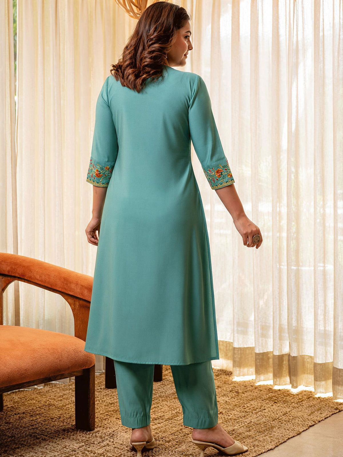 Embroidered Chanderi Solid Straight Turquoise Blue Kurta