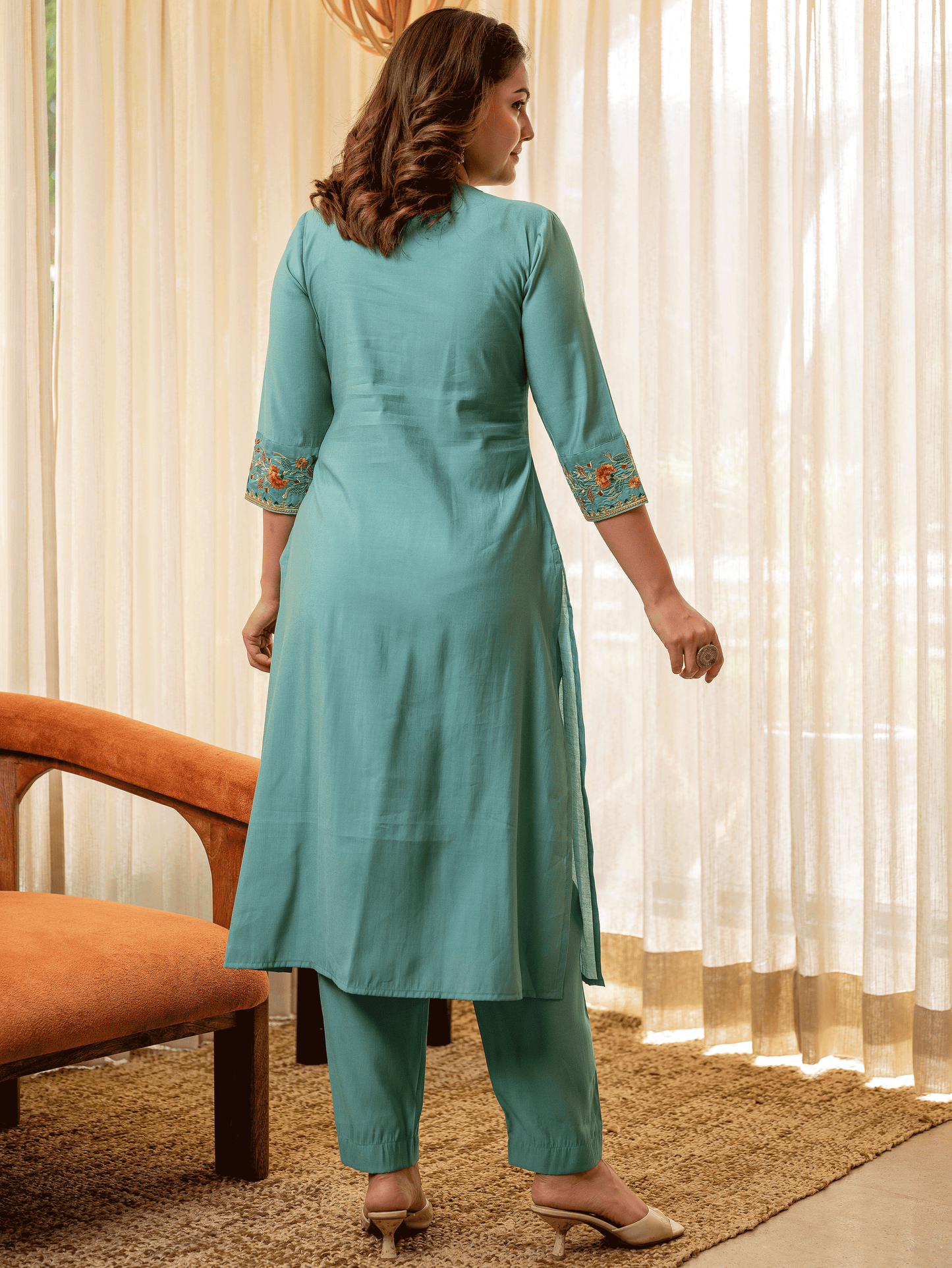 Embroidered Chanderi Solid Straight Turquoise Blue Kurta