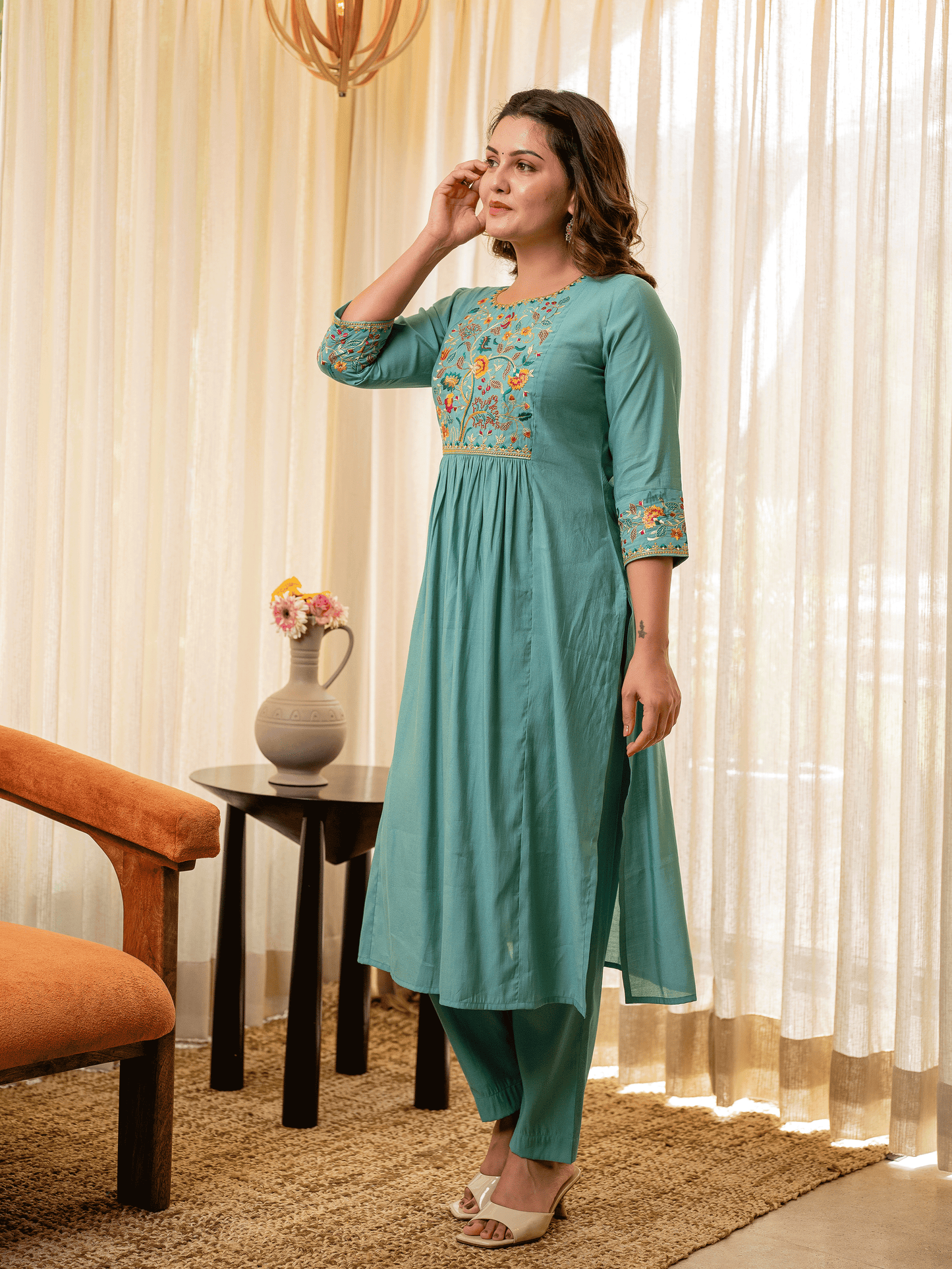 Embroidered Chanderi Solid Straight Turquoise Blue Kurta