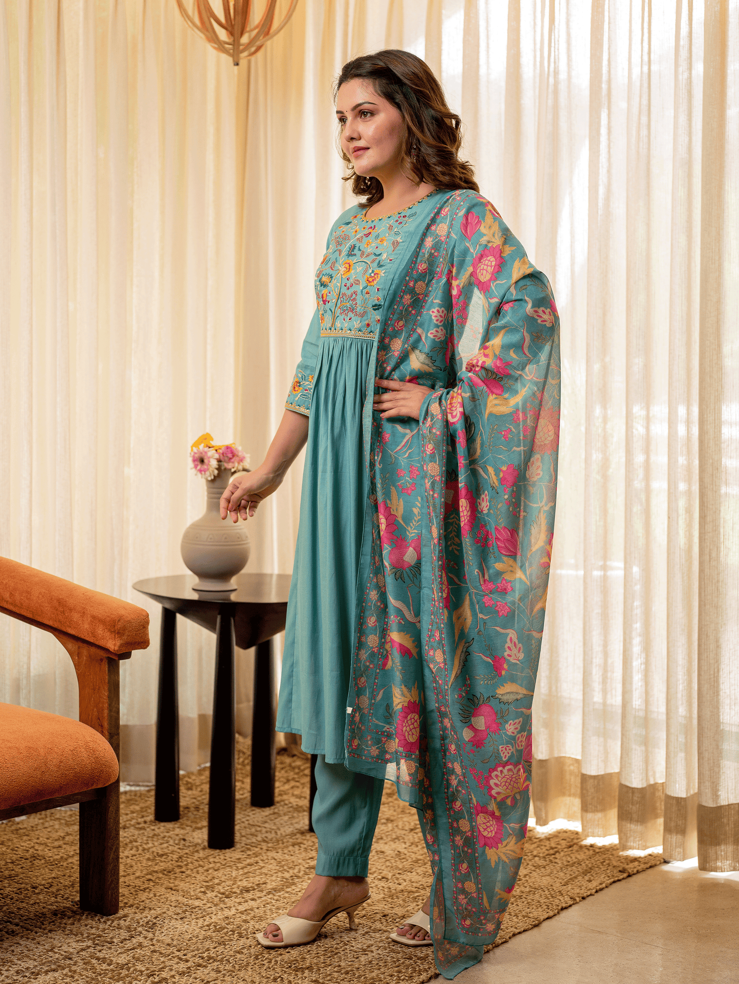 Embroidered Chanderi Solid Straight Turquoise Blue Kurta