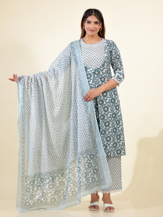 Soft Cotton Floral A-line Grey Kurta