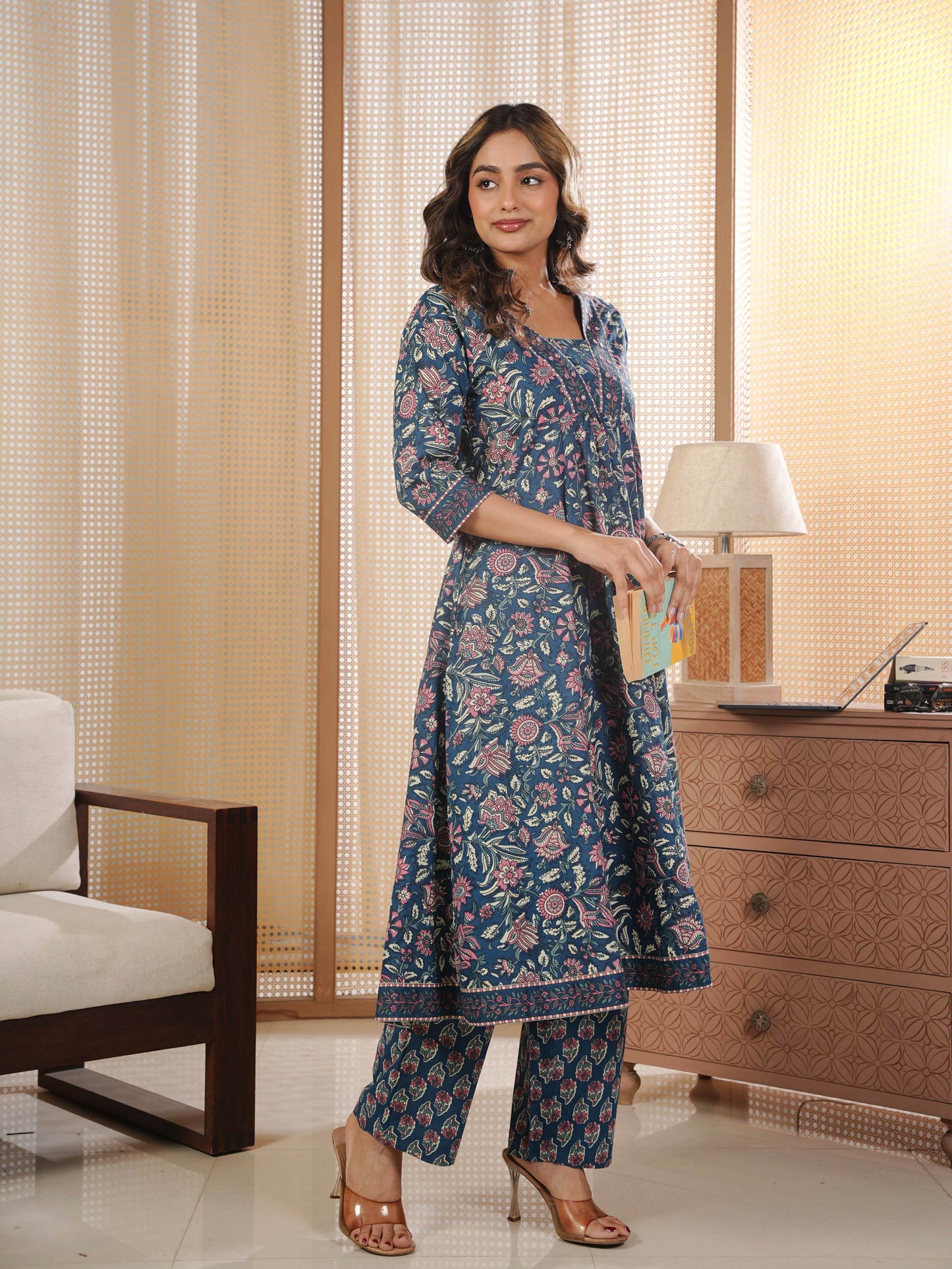 Soft Cotton Floral Anarkali Blue Kurta