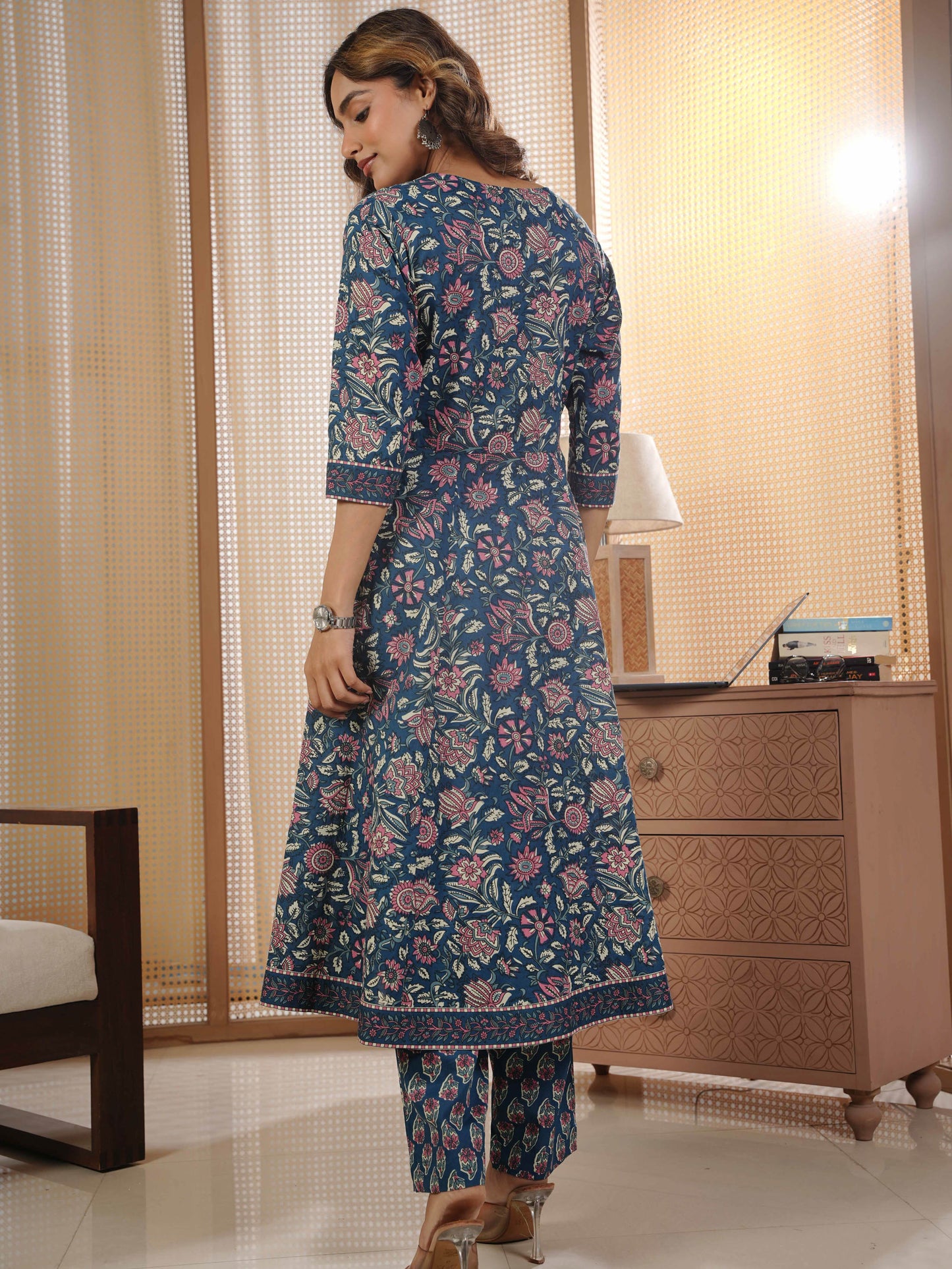 Soft Cotton Floral Anarkali Blue Kurta