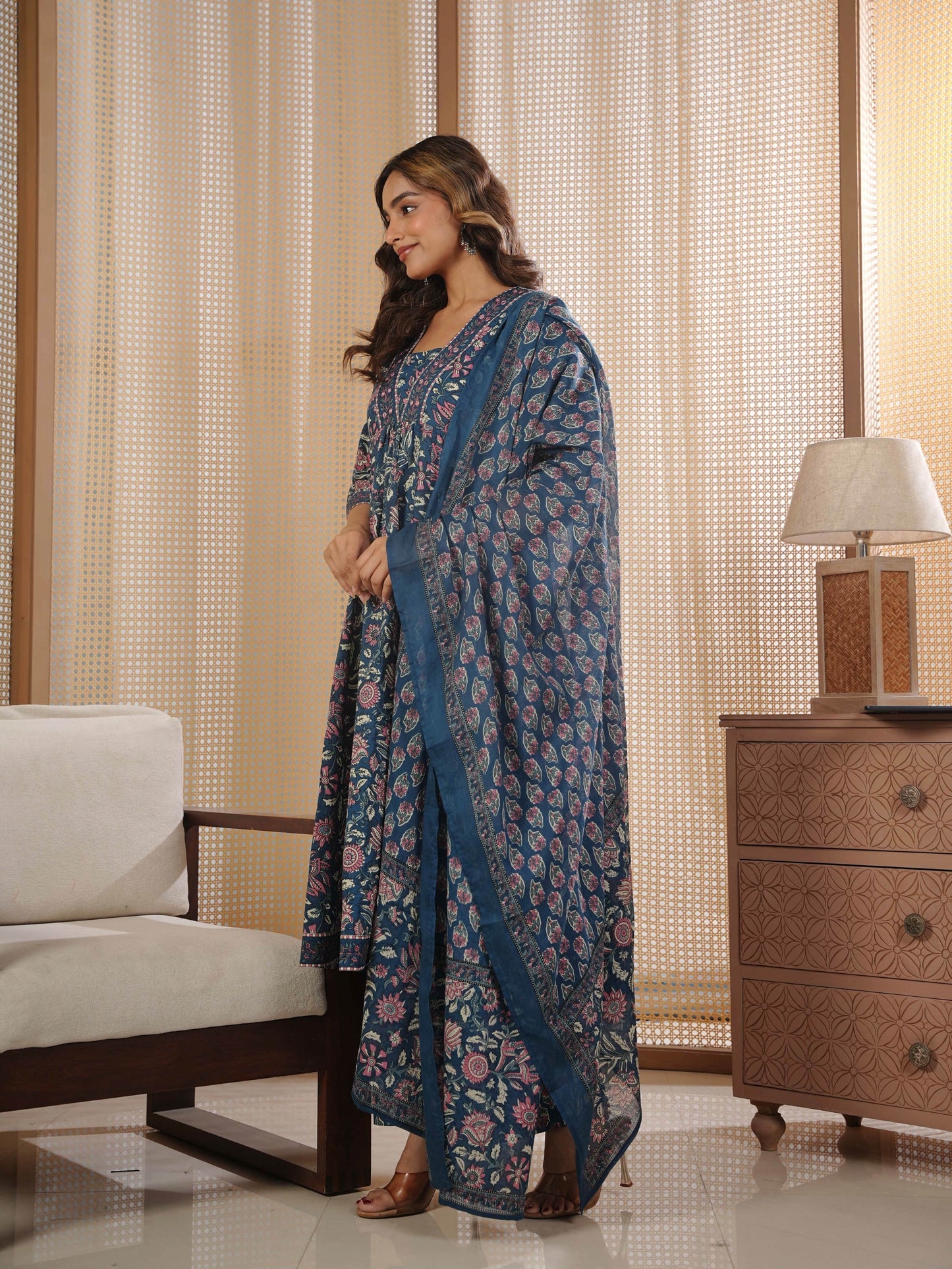 Soft Cotton Floral Anarkali Blue Kurta
