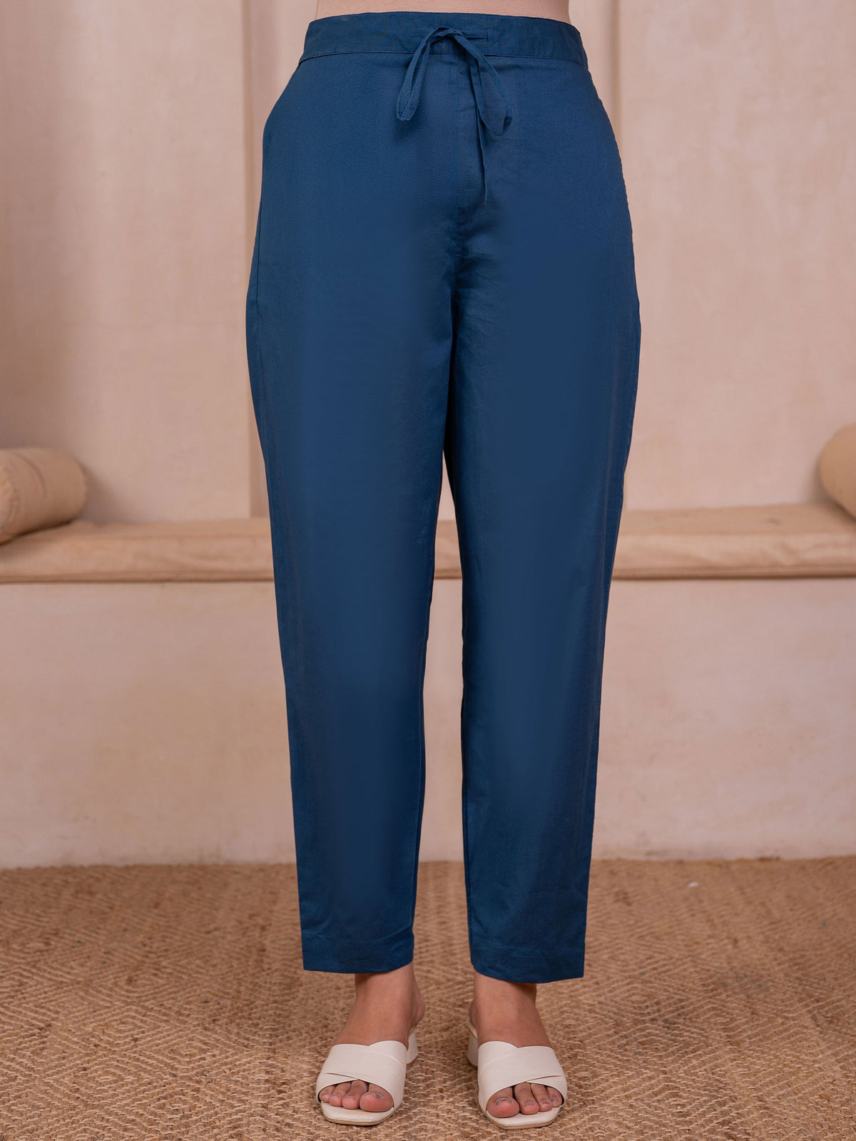 Soft cotton Solid Blue Tapered Trousers