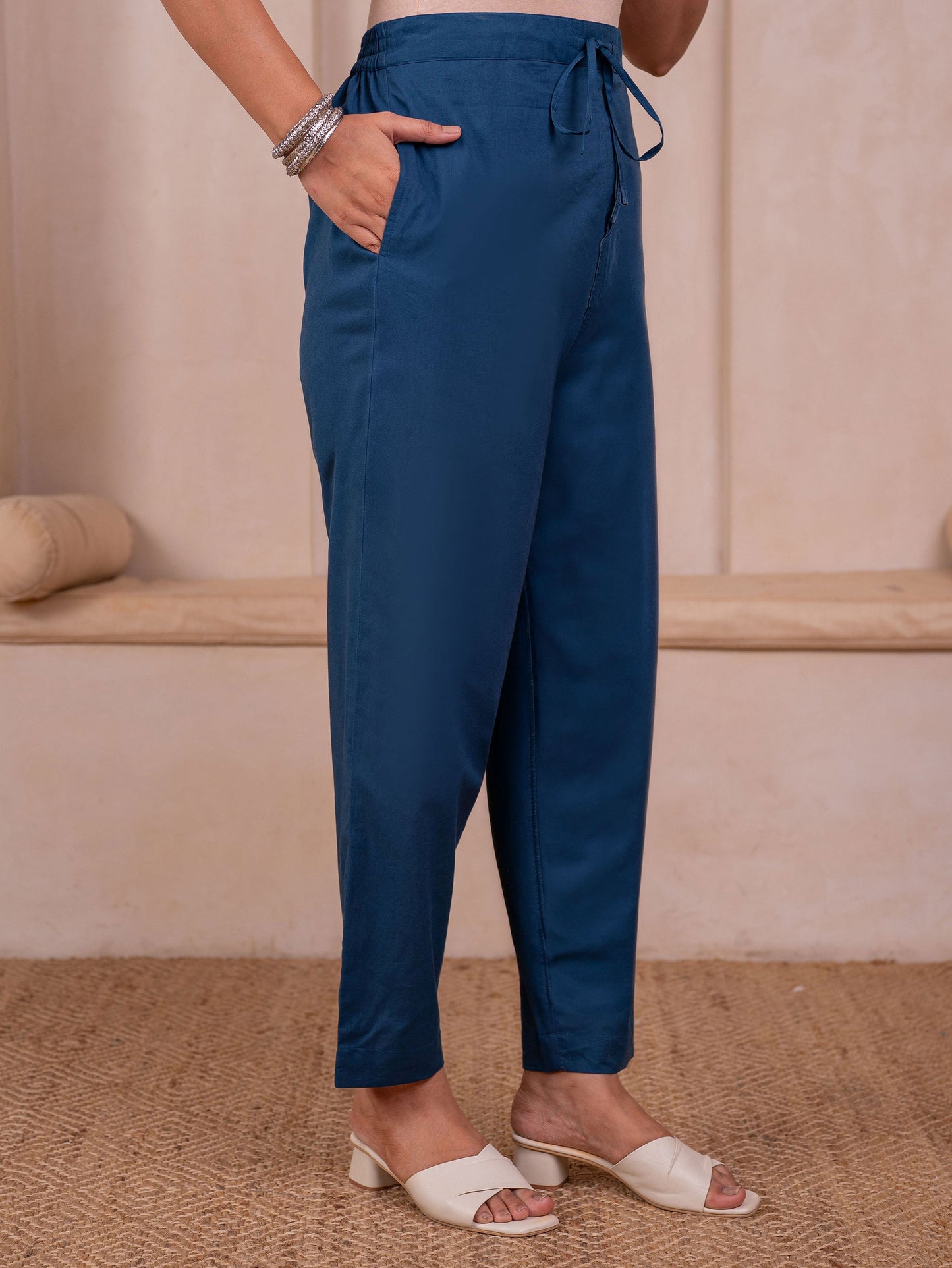 Soft cotton Solid Blue Tapered Trousers