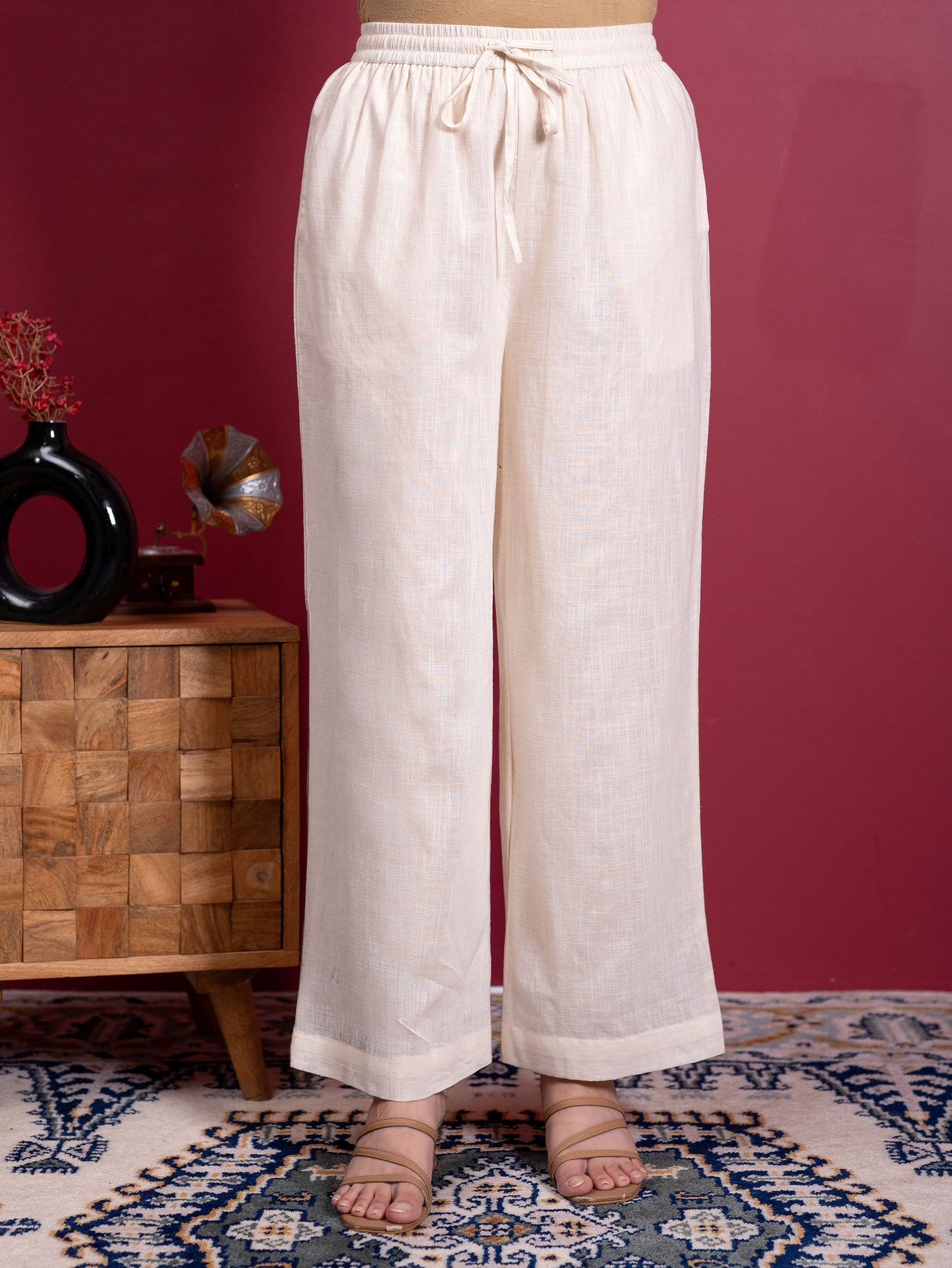 Slub cotton Solid Off White Palazzo